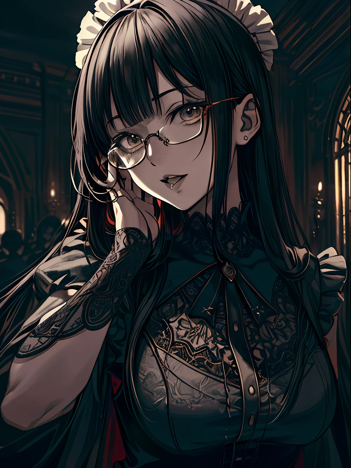 ahegao (fucked silly / sexual ecstasy),Cross-eyed、Stranger、Looking at others、Blunt bangs、Sitting,hand between legs,maid, Glasses, over-kneehighs,Ahegao , Silly,Sexual ecstasy,Drunken eyes,Blunt bangs, Black hair,(masutepiece:1.2, Best Quality), (finely detailed beautiful eye: 1.2), (Detailed background,Dark Fantasy), (beautifull detailed face), High contrast, (Best Illumination, extremely delicate and beautiful), ((Cinematic Light)), Colorful, Hyper Detail, Dramatic light, Intricate details,