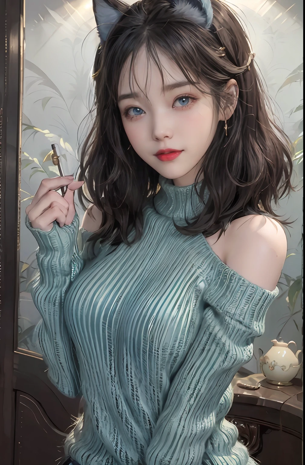 Masterpiece, Best Quality, Official Art, Highly Detailed CG Unity 8k Wallpaper, 1 Girl, Ultra High Resolution, (Photorealism: 1.4), Golden Hour Lighting, Sweater Dress, (Upper Body), (Kpop Idol), ( aegyo sal: 1 ), (platinum short hair: 0.8), ((puffy eyes)), looking at viewer, facing forward, smiling, laughing, medium breasts, shirtlift, gloves, short hair, (blue dog ears),