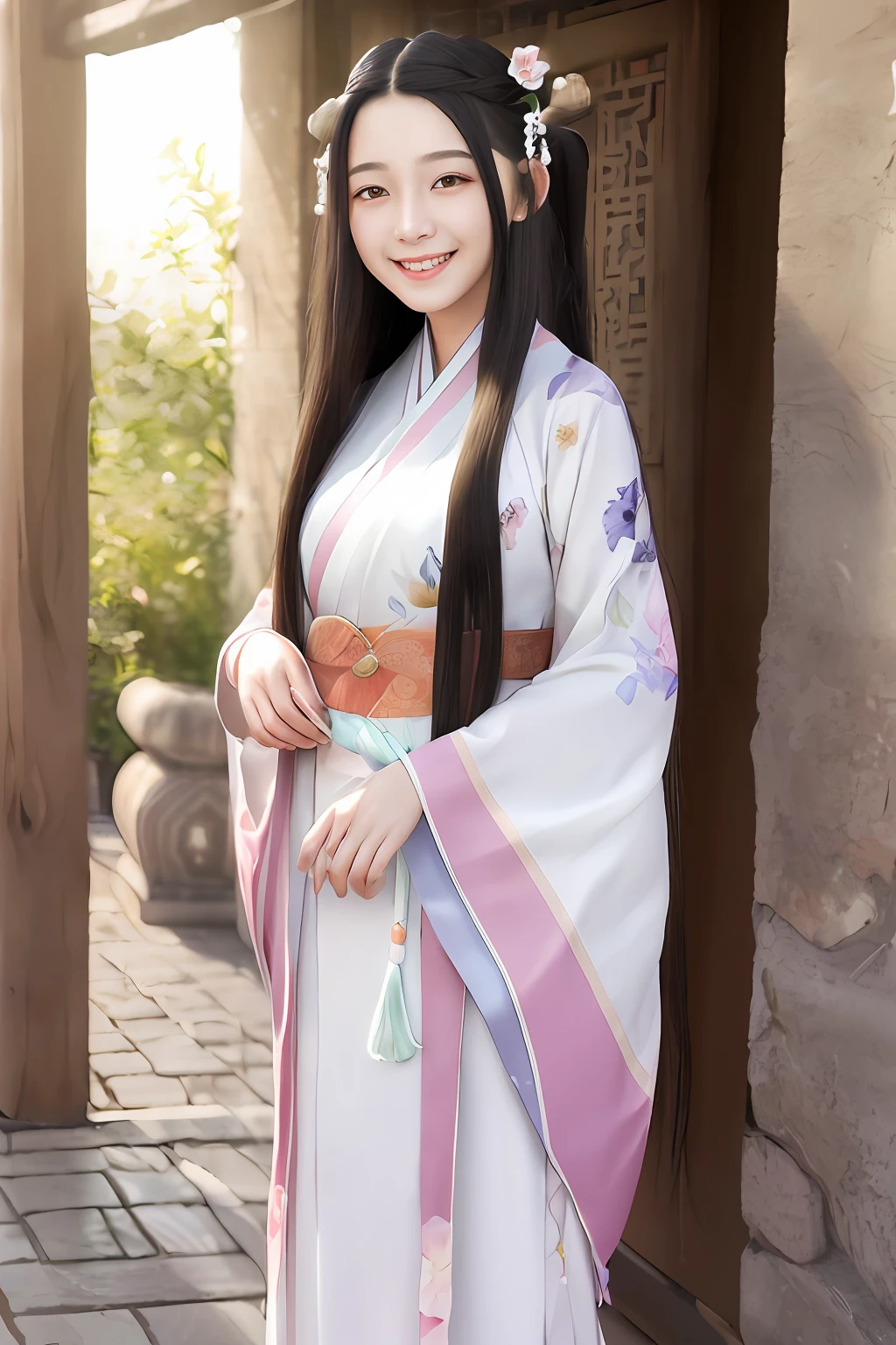 ultra realistic 8k cg, perfect artwork, sun lights, (looking at viewer), masterpiece, (picture-perfect face:1.2), (beautiful face:1.2), exquisite facial features, happy, medium breast, (finely detailed beautiful eyes:1.2), 15yo, solo, bloom, wide hips, slim, blushing, 3d background, flowers, (smile:1.3), long black hair, chinese girl, (Long hair fluttering:1.3), hanfu, full body,