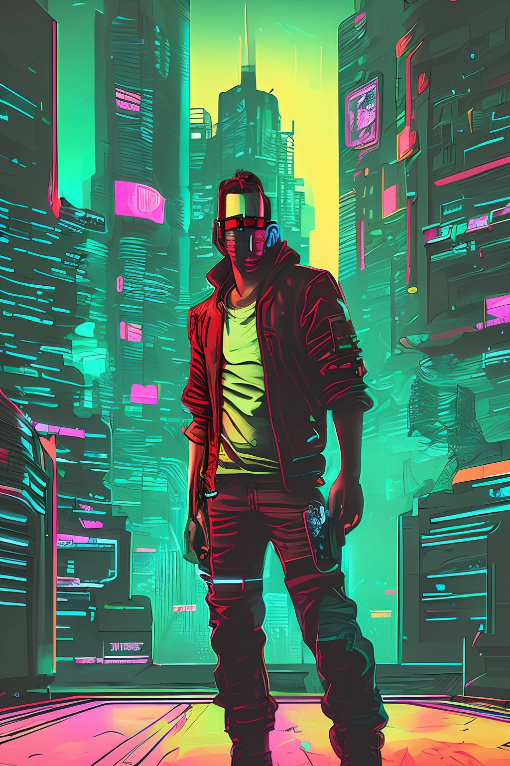 t-shirt art cyberpunk, Homem bebado, epic illustration, vetor, 2d illustration, fundo preto, muito colorido, gradiente completo de cores modernas, centrada, vista frontal