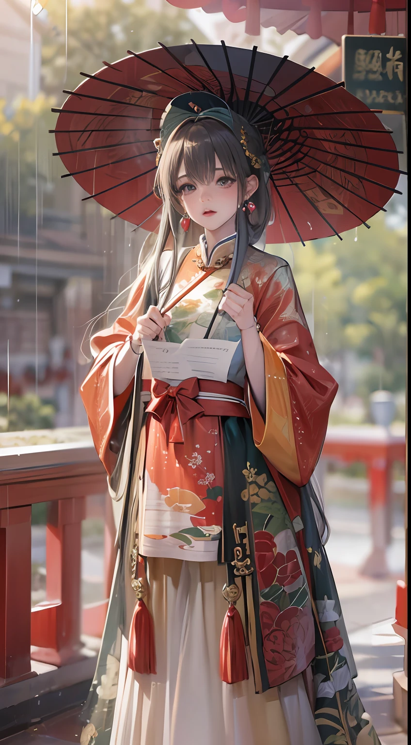 Masterpiece,Extremely detailed Cg Unity 8K wallpaper,1girll, Beautiful, Lolita costume,Realistic, Blurry, Blurry_Background, Blurry_foreground, Chinese pavilions, Earrings,jewelry, nase, Realistic, Solo,Chinese clothes,Holding an Ollie paper umbrella, rain