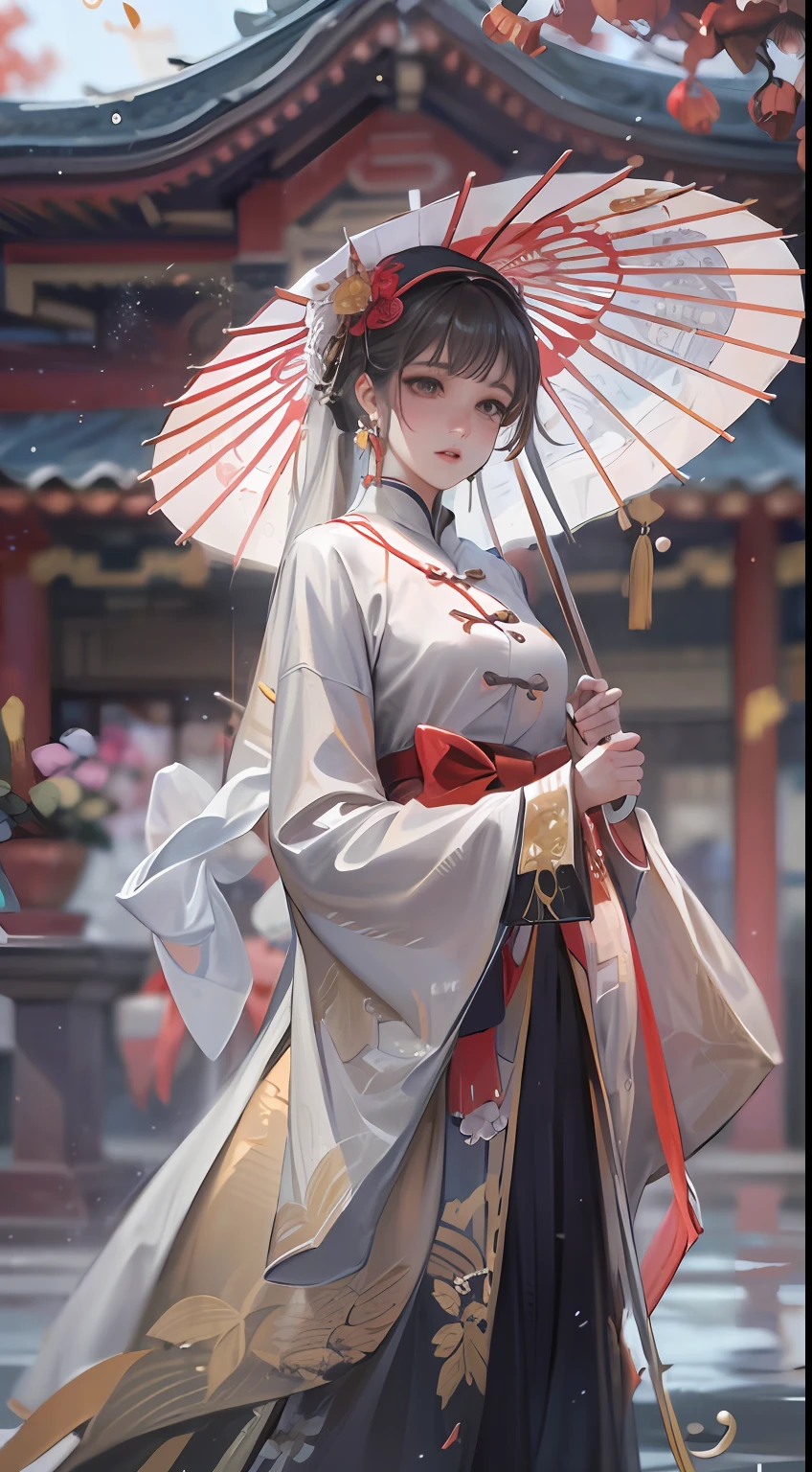 Masterpiece,Extremely detailed Cg Unity 8K wallpaper,1girll, Beautiful, Lolita costume，Realistic, Blurry, Blurry_Background, Blurry_foreground, Chinese pavilions, Earrings,jewelry, nase, Realistic, Solo,Chinese clothes,Holding an Ollie paper umbrella, rain