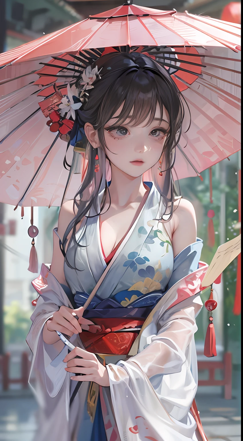 Masterpiece,Extremely detailed Cg Unity 8K wallpaper,1girll, Beautiful,largeeyes, Clear facial features,Realistic, Blurry, Blurry_Background, Blurry_foreground, Chinese pavilions, Earrings,jewelry, nase, Realistic, Solo,Off-the-shoulder Hanfu,Holding an Ollie paper umbrella, rain