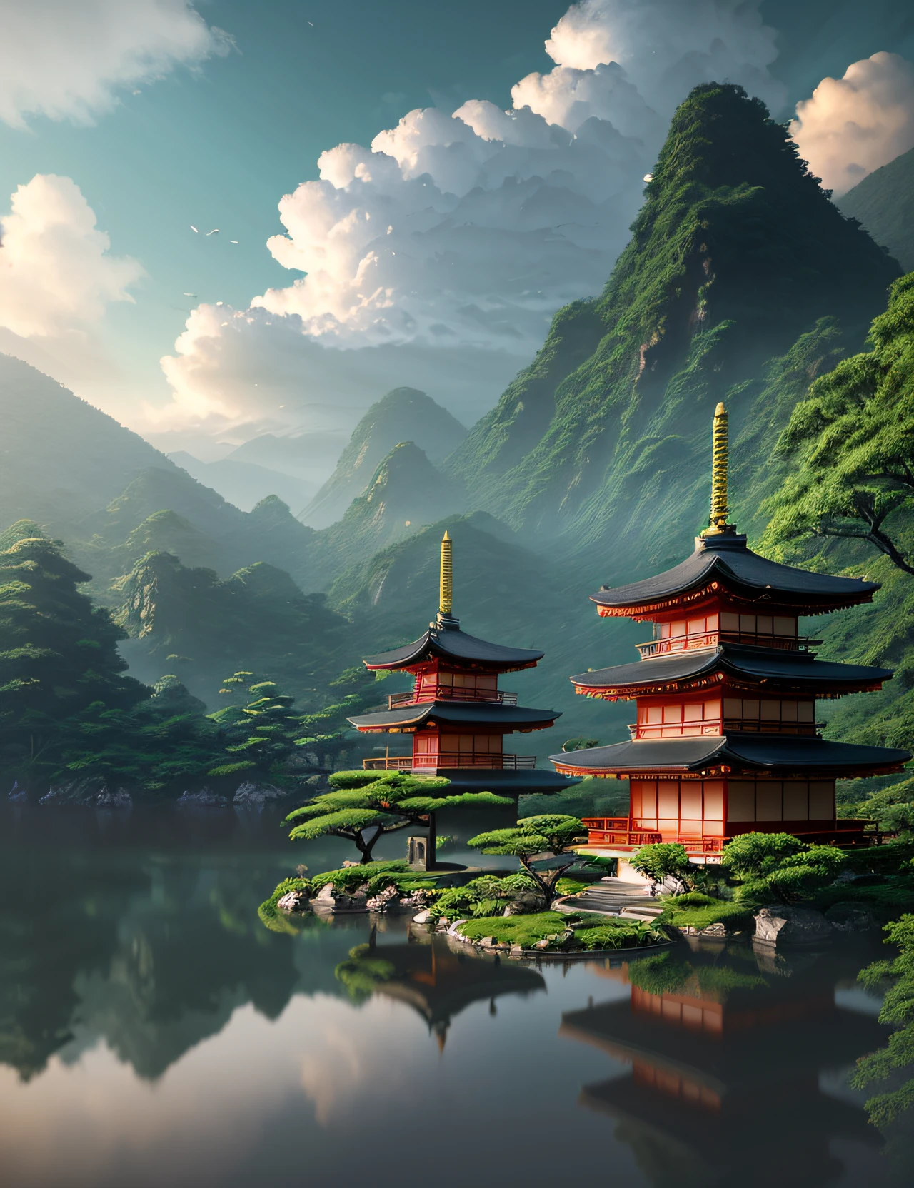 Japanese pagoda surrounded by clouds, rock arcs, lush vegetation, landscape, alex ross,
eddie mendoza, raphael lacoste, sebastian ludke, concept art, matte painting,
highly detailed, rule of thirds, dynamic lighting, cinematic, detailed,
magnificiant landscape, denoised, centerd, HDR, 8K
