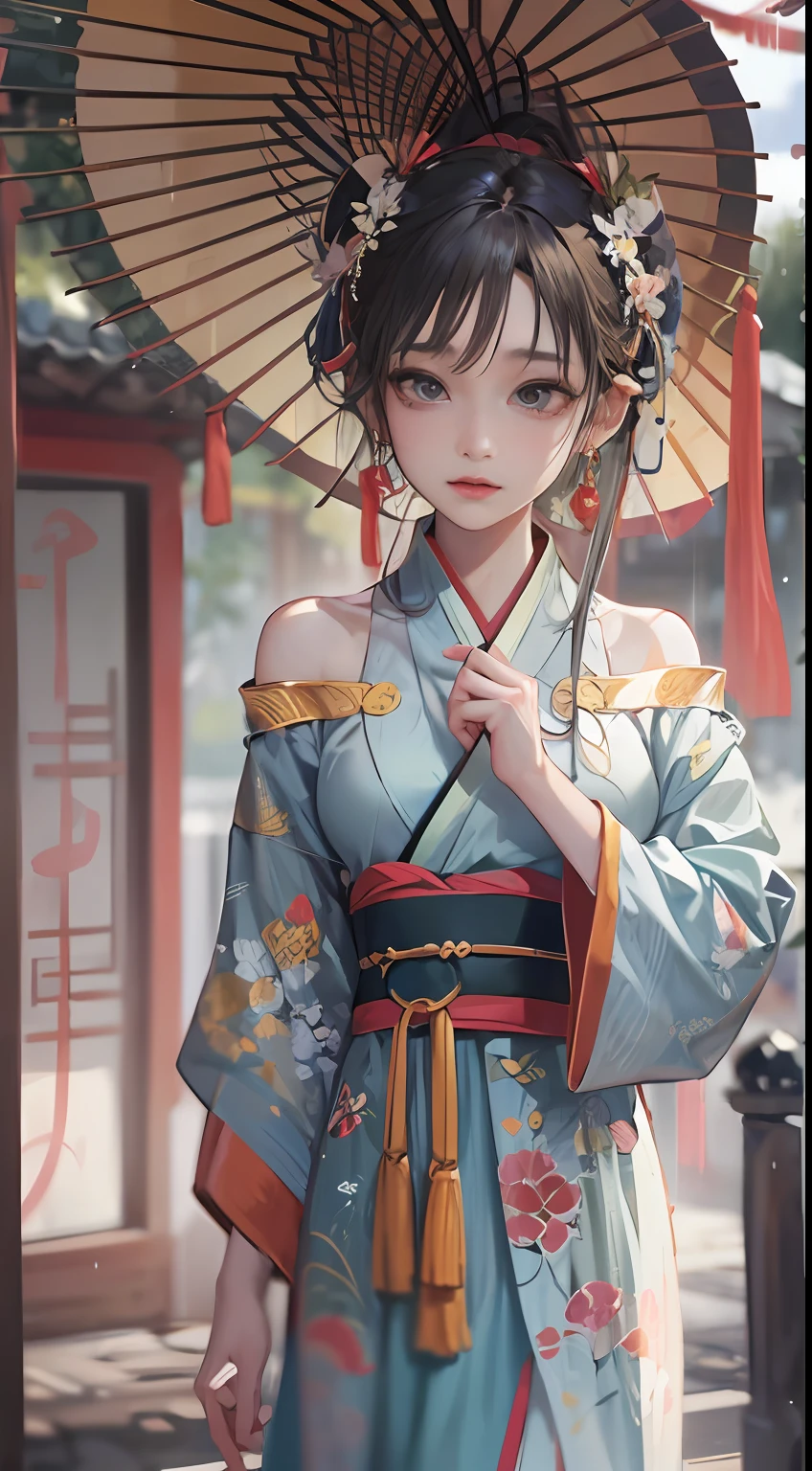 Masterpiece,Extremely detailed Cg Unity 8K wallpaper,1girll, Beautiful,largeeyes， Clear facial features，Realistic, Blurry, Blurry_Background, Blurry_foreground, Chinese pavilions, Earrings,jewelry, nase, Realistic, Solo,Off-the-shoulder Hanfu,Holding an Ollie paper umbrella, rain