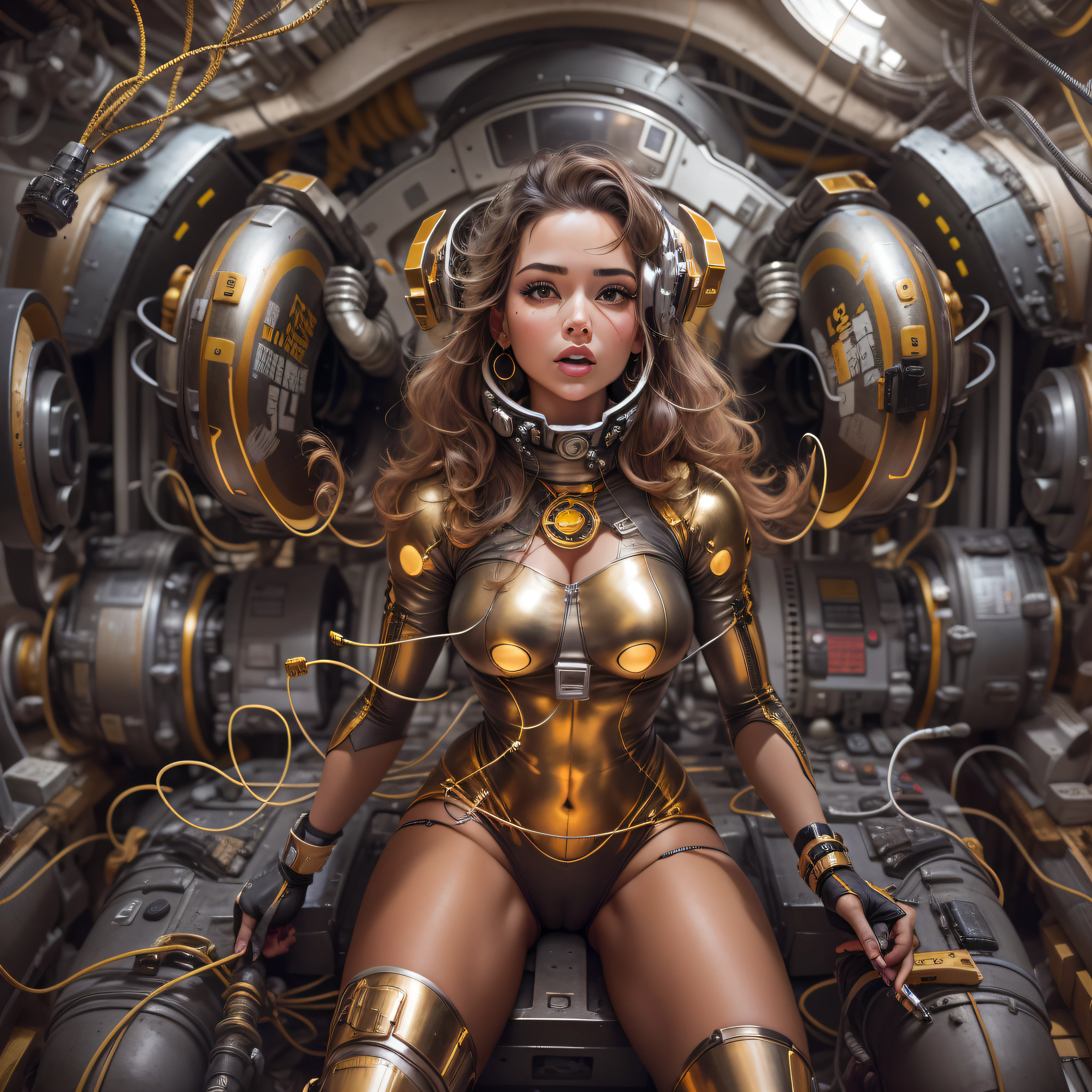 mujer exuberante y voluptuosa con uniforme a lascas de metal plata , oro y bronce con grandes ojos y piernas musculadas, cuenrpo entero, se encuentra en centro de control de nave espacial, (con maquinarias , tubos, cables y tecnologia).