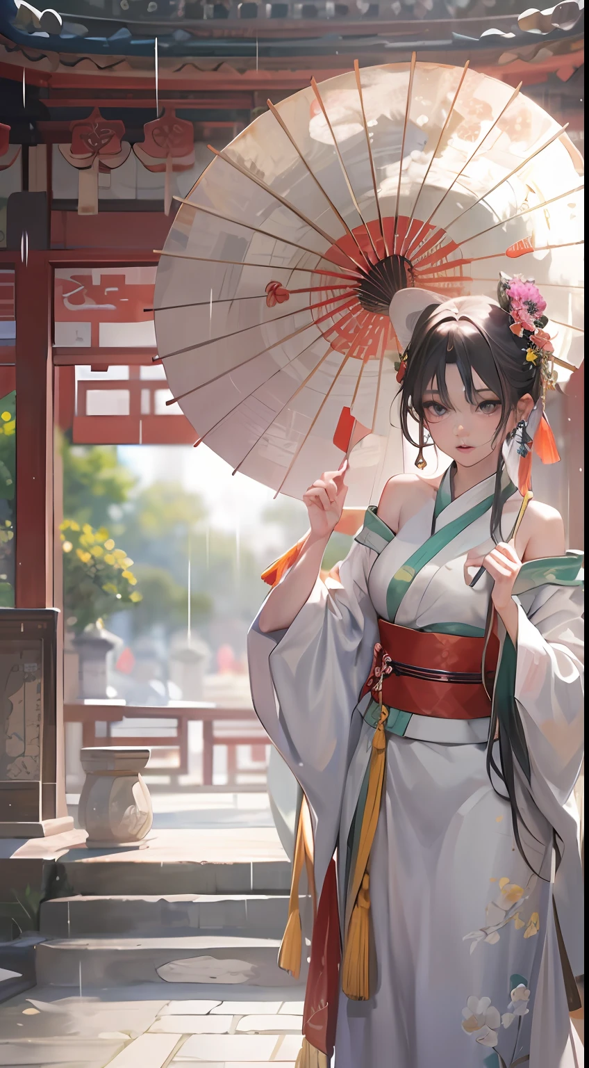 Masterpiece,Extremely detailed Cg Unity 8K wallpaper,1girll, Beautiful,largeeyes, Clear facial features,Realistic, Blurry, Blurry_Background, Blurry_foreground, Chinese pavilions, Earrings,jewelry, nase, Realistic, Solo,Off-the-shoulder Hanfu,Holding an Ollie paper umbrella, rain