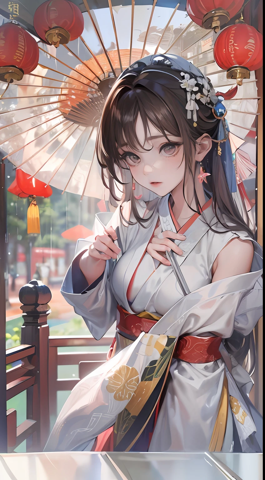 Masterpiece,Extremely detailed Cg Unity 8K wallpaper,1girll, Beautiful,largeeyes, Clear facial features,Realistic, Blurry, Blurry_Background, Blurry_foreground, Chinese pavilions, Earrings,jewelry, nase, Realistic, Solo,Off-the-shoulder Hanfu,Holding an Ollie paper umbrella, rain