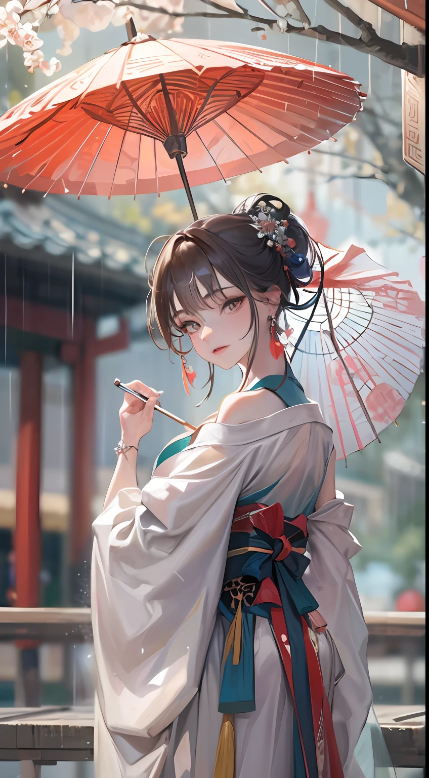 Masterpiece,Extremely detailed Cg Unity 8K wallpaper,1girll, Beautiful,largeeyes, Clear facial features,Realistic, Blurry, Blurry_Background, Blurry_foreground, Chinese pavilions, Earrings,jewelry, nase, Realistic, Solo,Off-the-shoulder Hanfu,Holding an Ollie paper umbrella, rain