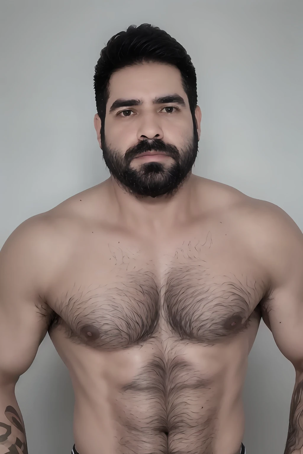 Obra maestra, La mejor calidad, Altas Resoluciones, absurdos, realista, agarrando su propio pectoral, 1child, solamente, pelo corto, Enfoque pectoral, sin vellos, sonrojarse, , cabello negro, Parte superior del cuerpo, muscular, Mirando al espectador