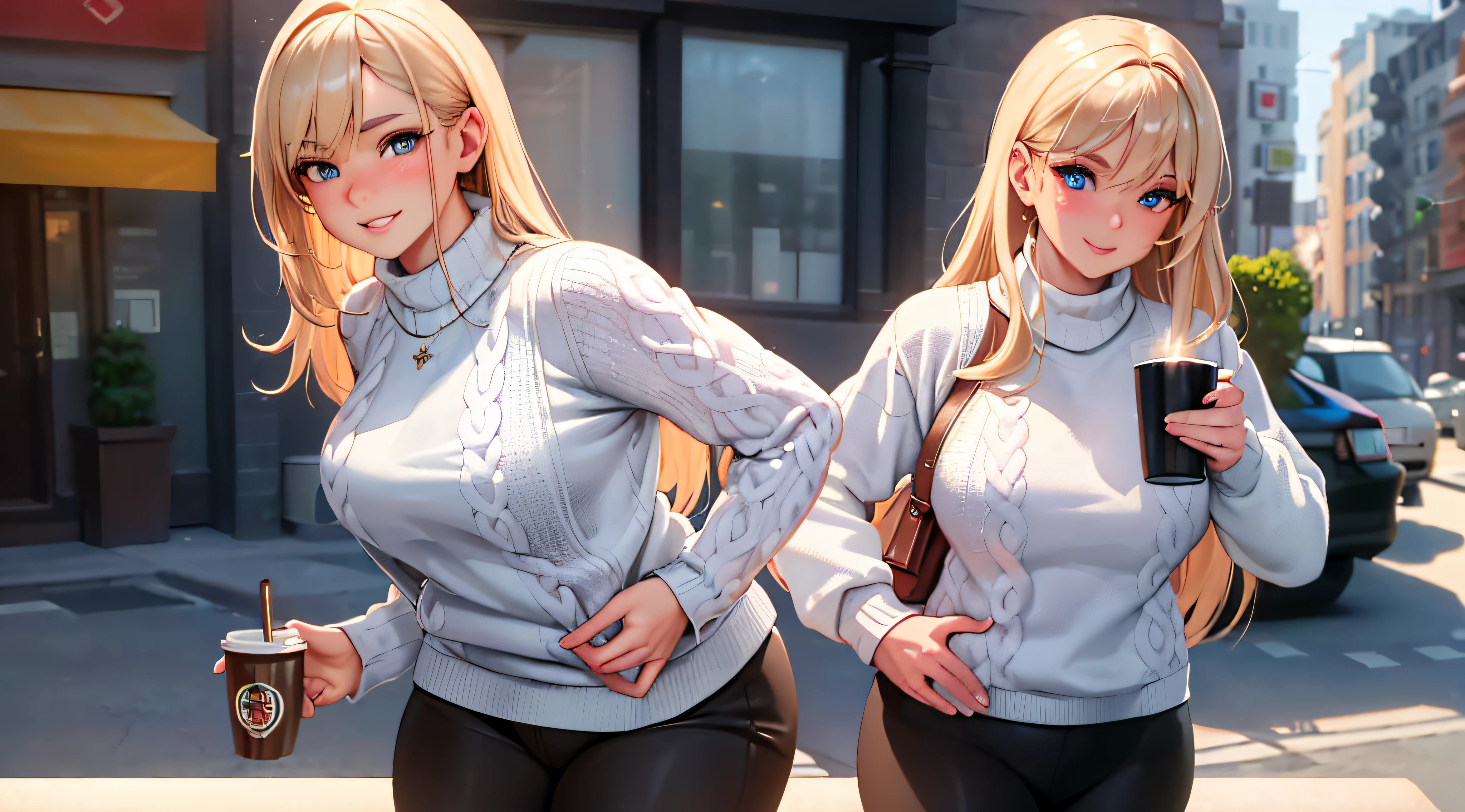 (masterpiece, best quality:1.4), (modern days), (cowboy shot), 1girl, solo, pov, sfw, stunning girlfriend, (standing:1.1), dynamic pose, (white oversized sweater, knit sweater:1.4), (skinny yoga pants, dark gray yoga pants: 1.4), (navy short jacket, denim jacket: 1.4), long blonde hair, bangs, heart-shaped face, elegant face, beautiful face, high detail face, high detail skin, skin pores, subsurface scattering, (blue eye details), realistic pupils, plump breasts, loving smile, looking at the audience, full blush, plump lips, holding a coffee cup, centered, coffee shop in background, city street, sunny day, wind, detailed background, depth of field, Atmospheric perspective, volumetric lighting, clear focus, absurd, realistic proportions, good anatomy, (realistic, hyper-realistic:1.4), 16k HDR,