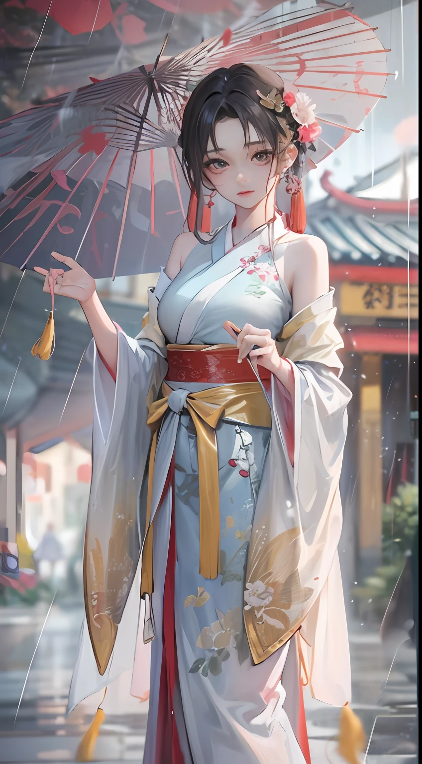 Masterpiece,Extremely detailed Cg Unity 8K wallpaper,1girll, Beautiful,largeeyes， Clear facial features，Realistic, Blurry, Blurry_Background, Blurry_foreground, Chinese pavilions, Earrings,jewelry, nase, Realistic, Solo,Off-the-shoulder Hanfu,Holding an Ollie paper umbrella, rain