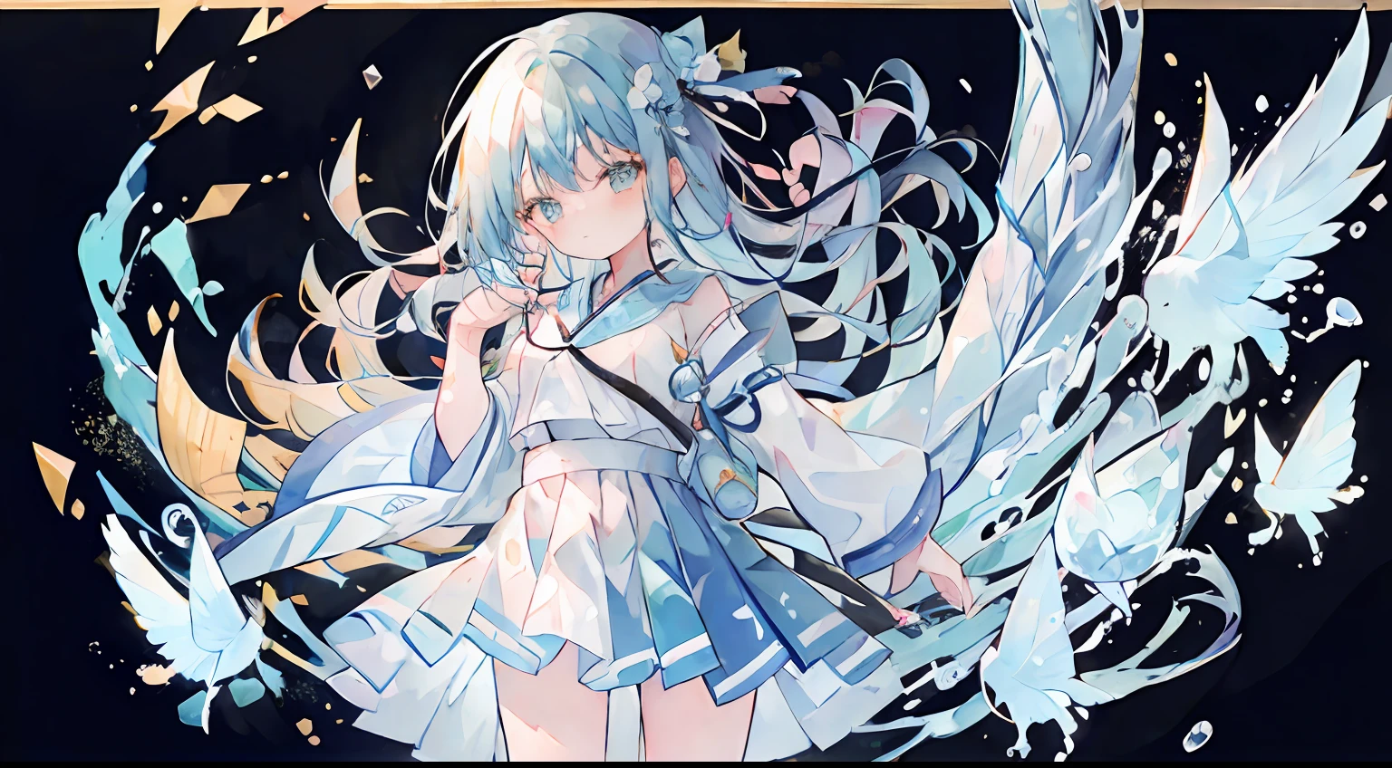 One girl、校服、lightblue hair、cute little、One knot、masterpiece、Top image quality、top-quality、pleatedskirt