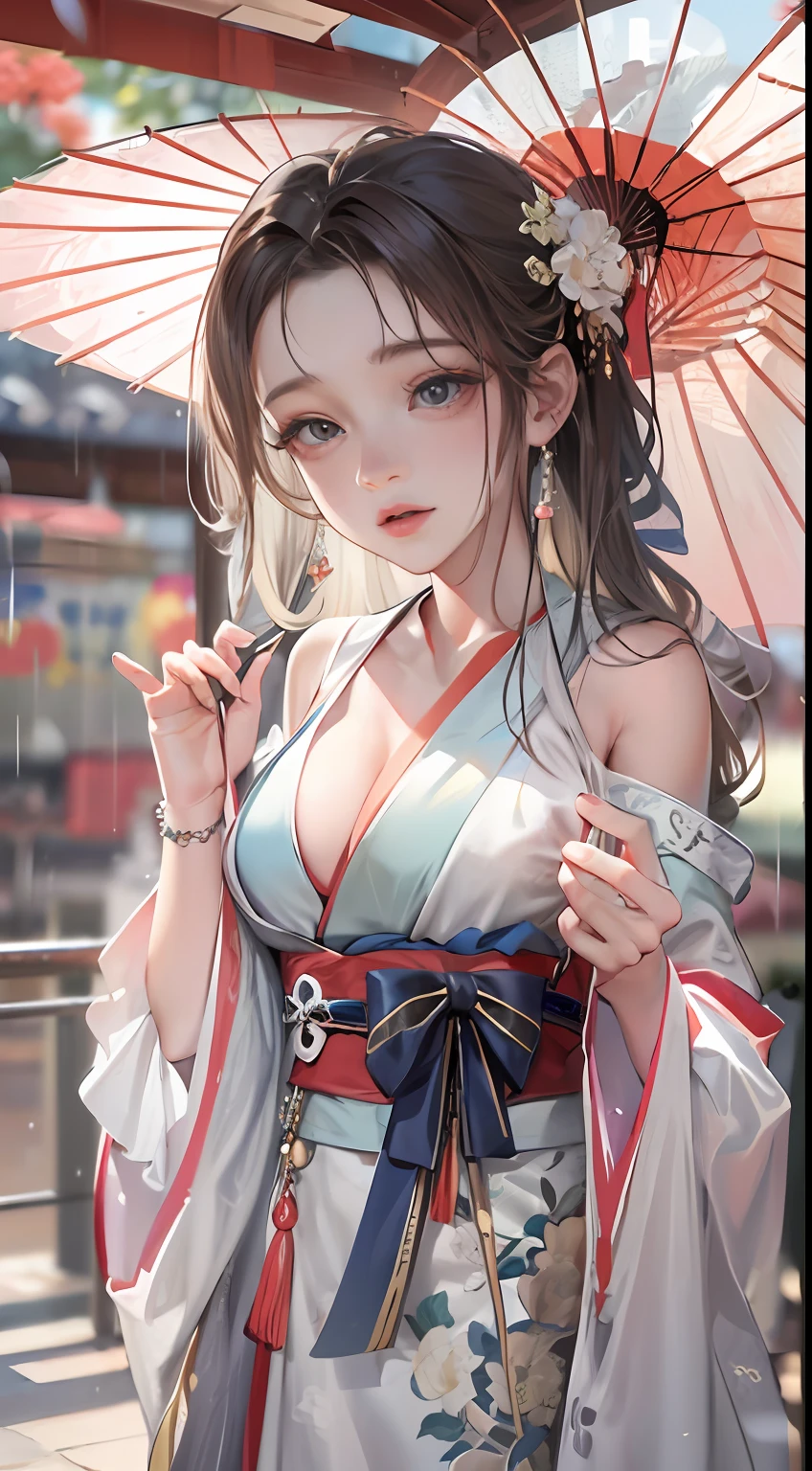 Masterpiece,Extremely detailed Cg Unity 8K wallpaper,1girll, Beautiful,largeeyes， Clear facial features，Realistic, Blurry, Blurry_Background, Blurry_foreground, Chinese pavilions, Earrings,jewelry, nase, Realistic, Solo,Off-the-shoulder Hanfu,Holding an Ollie paper umbrella, rain