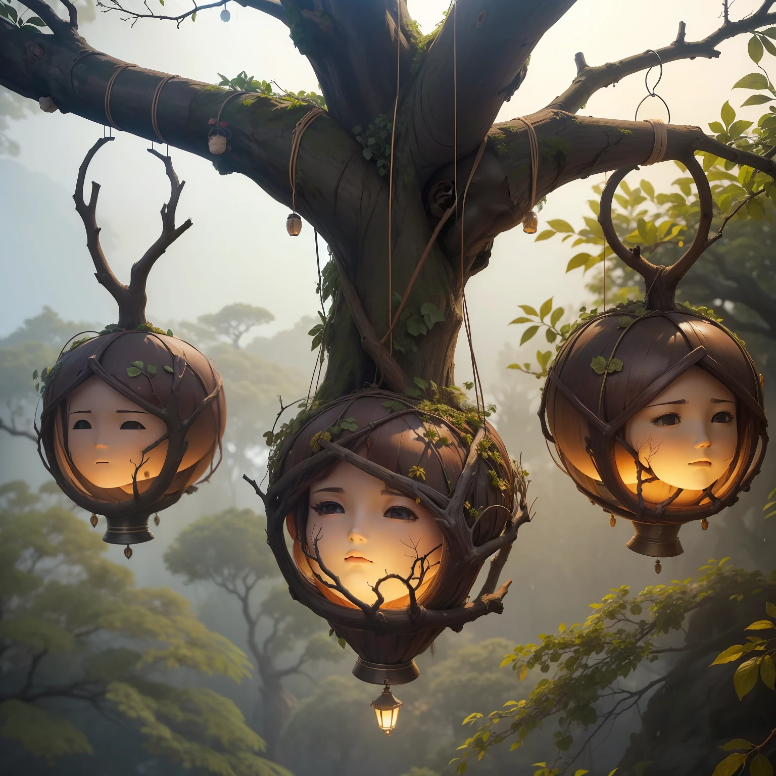 1 ancient ent muitos ramos ((((heads hanging from branches)))) da copa as raizes, ent do inferno, fantasia sombria,
