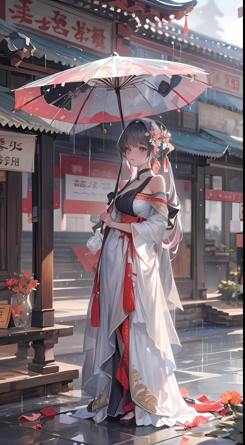 Masterpiece,Extremely detailed Cg Unity 8K wallpaper,1girll,fully body photo, Beautiful,largeeyes, Clear facial features,Realistic, Blurry, Blurry_Background, Blurry_foreground, Chinese pavilions, Earrings,jewelry, nase, Realistic, Solo,Gorgeous Han dress with off-the-shoulder shoulders,Holding an Ollie paper umbrella, rain