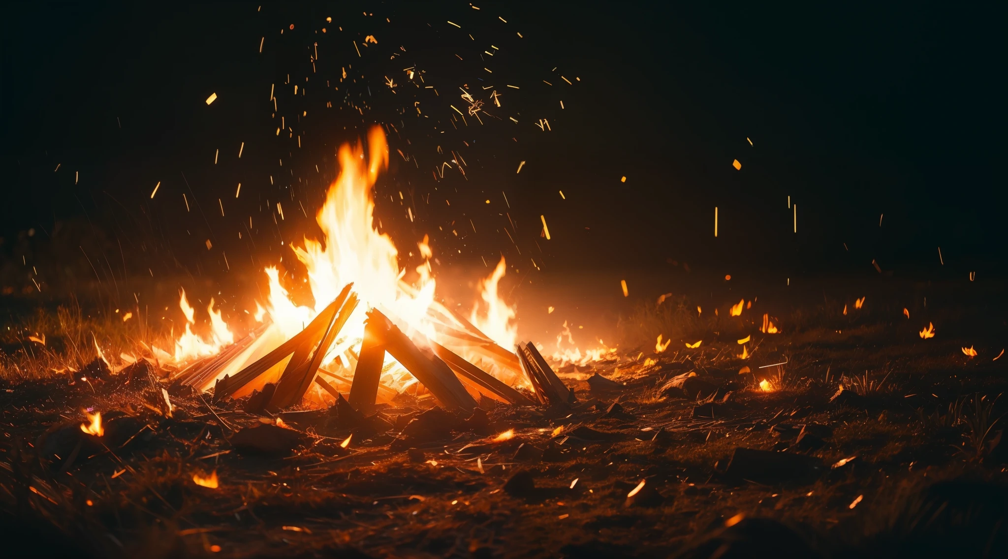 Bonfire fire, Shots from very close range, sony a7, Film grain, Cinematic lighting, Photorealistic, 32K, diffuse reflection, colorful shiny particles, Lens Flare, Soft lighting