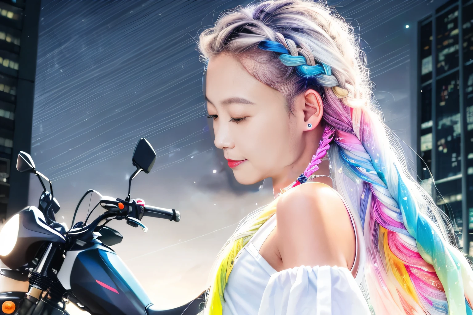 one-girl,The hair is braided in many small braids,Colorful,Free,White suspenders,the motorcycle,City lights,Cyberpunk night view,Water droplets splash everywhere, Scattering floating helix,The art of splashing。