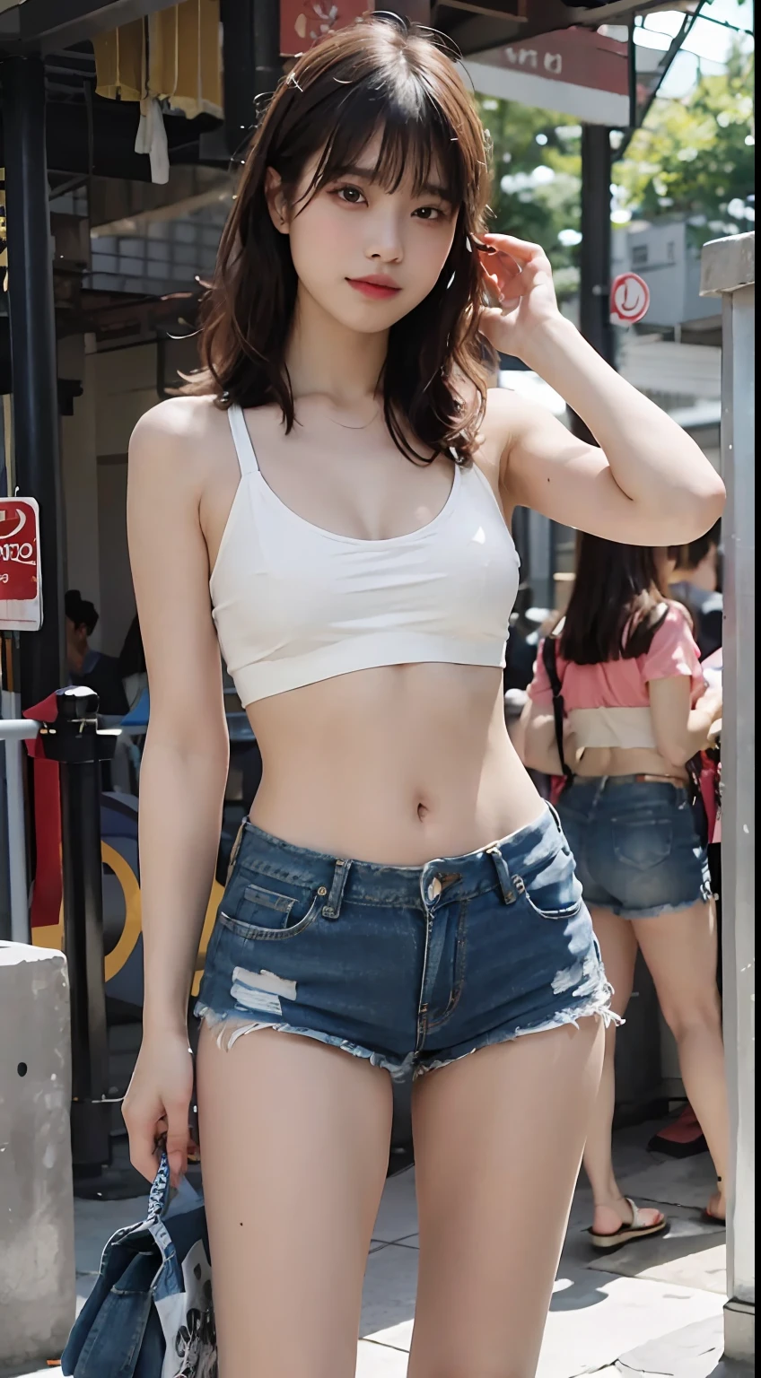 Girl posing in white low cut super short tank top and tight denim shorts、full body Esbian、Cropped tank top、bra very、Slim body、a large bust、Slim Girl Model、24歳の女性モデル、Beautiful body Facing the front Navel out See all Lower abdomen showing a beautiful belly Too torn denim shorts Shabby denim shorts Thigh exposure Very small camisole in shabby Very short small camisole Too short denim shorts You can see all the shapes of your genitals The shape of the genitals is perfectly visible Small denim shorts with only thin strings Low-rise denim shorts Beautiful breasts tits out genitals are visible Show more lower abdomen An ultra-high picture quality The ultra -The high-definition 8K Scanty shorts Denim shorts like strings Show me more beautiful bare skin Show me more beautiful bare skin Take off more The background is the station Station platform laughing Crowded station platform