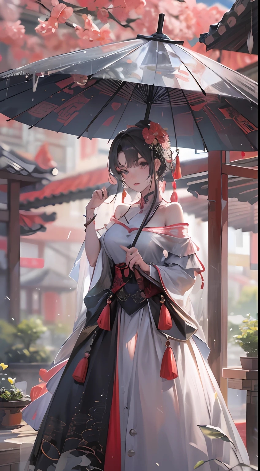 Masterpiece,Extremely detailed Cg Unity 8K wallpaper,1girll,fully body photo， Beautiful,largeeyes， Clear facial features，Realistic, Blurry, Blurry_Background, Blurry_foreground, Chinese pavilions, Earrings,jewelry, nase, Realistic, Solo,Gorgeous Han dress with off-the-shoulder shoulders,Holding an Ollie paper umbrella, rain