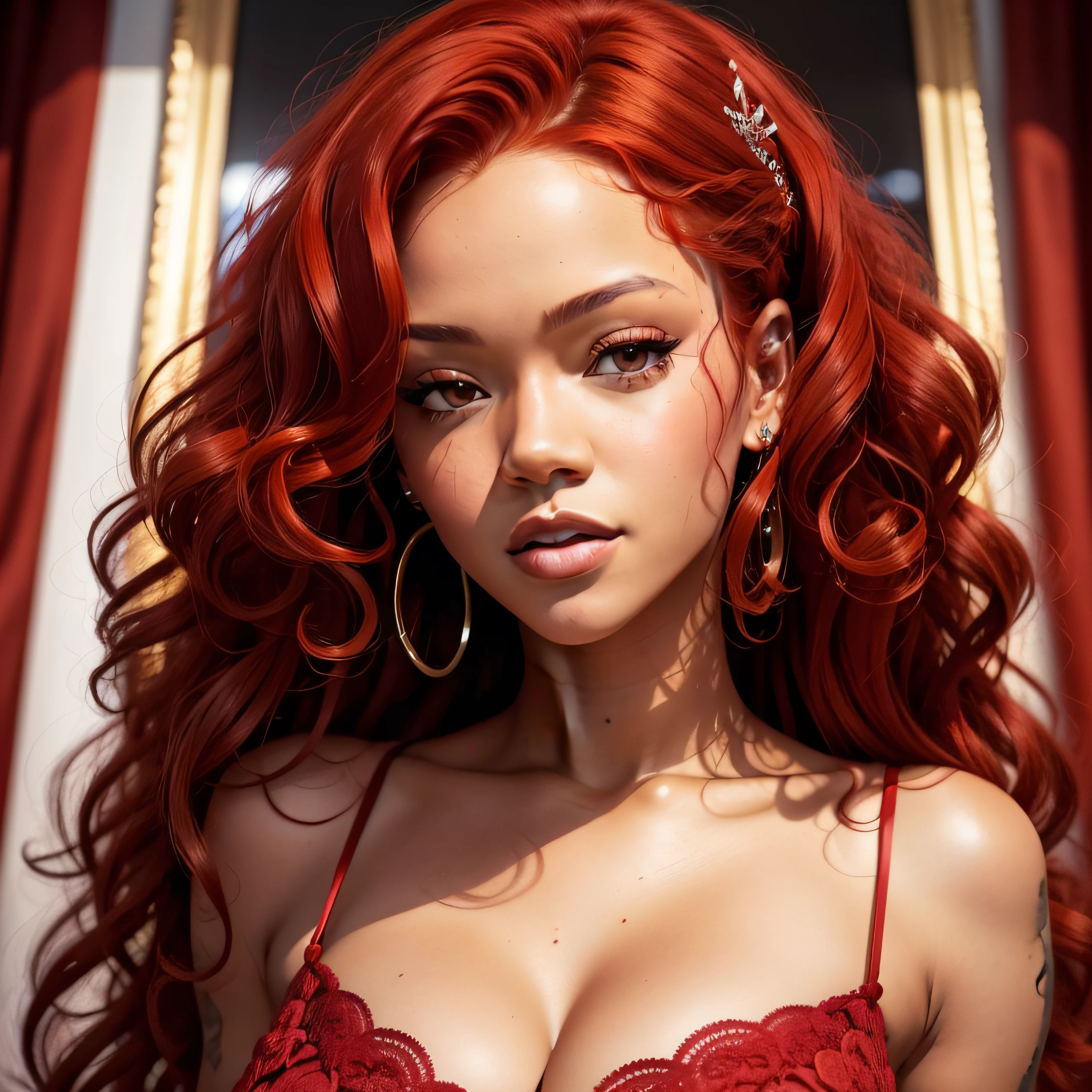 a close up of a woman with red hair wearing a red dress, with curly red hair, rihanna, red curly hair, curly red hair, red crimson hair, red crimson crimson hair, with dark reddish hair, brilliantly colored, dark red color, crimson hair, red afro, red curled hair, strong red hue, rich red, dark red hair, reddish hair