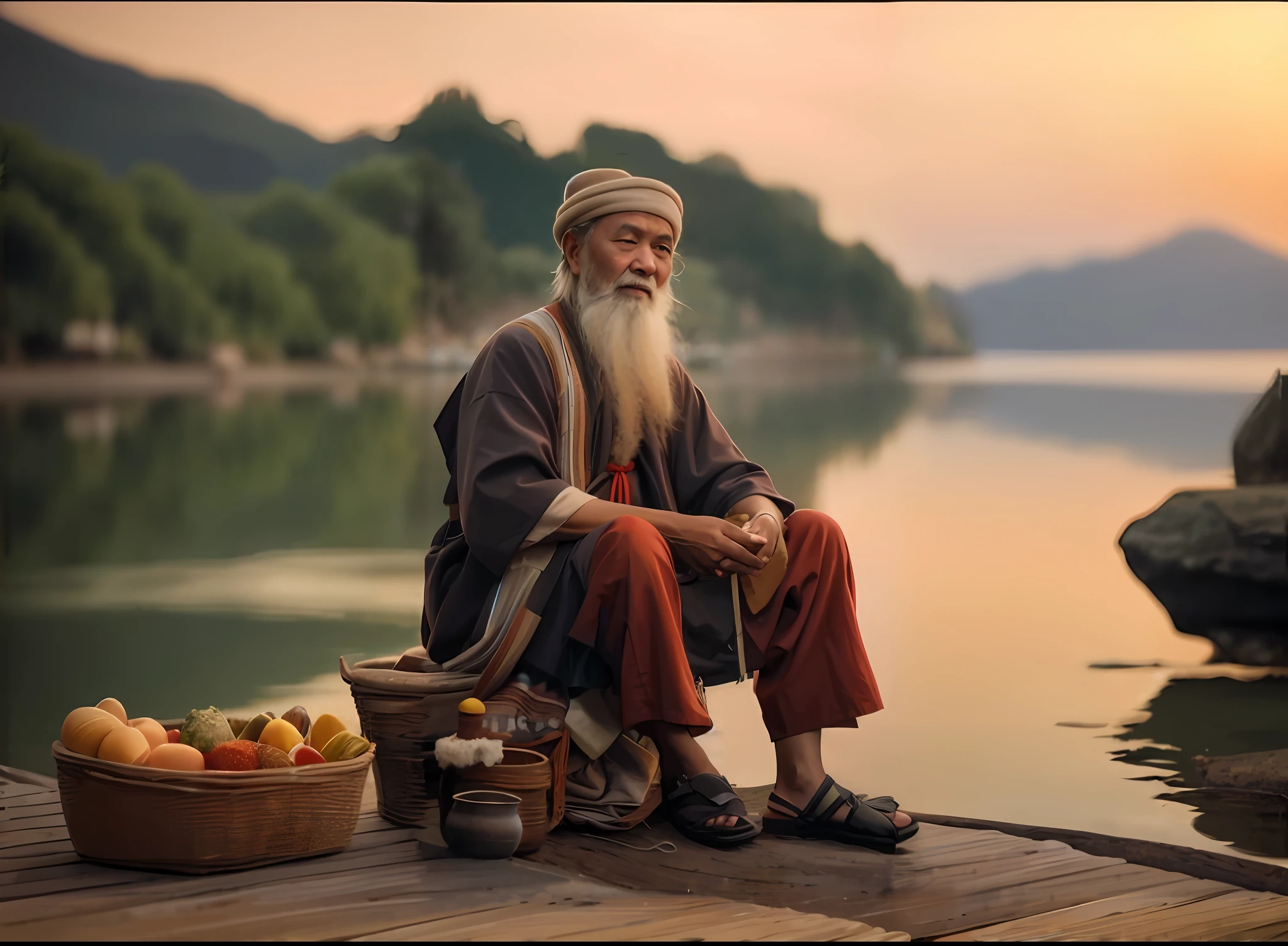 The Arafed man sits on the dock,eyes with brightness,Deep eyes,Holding a basket of fruit, peaceful expression, Wise old man, high quality portrait, inspired by Wu Daozi, a serene smile, fisherman, holy man looking at ground, Inspired by Hu Zaobin, inspired by Steve McCurry, Taoist, Cinematic. author:leng jun, color photograph portrait 4k, Serene expression