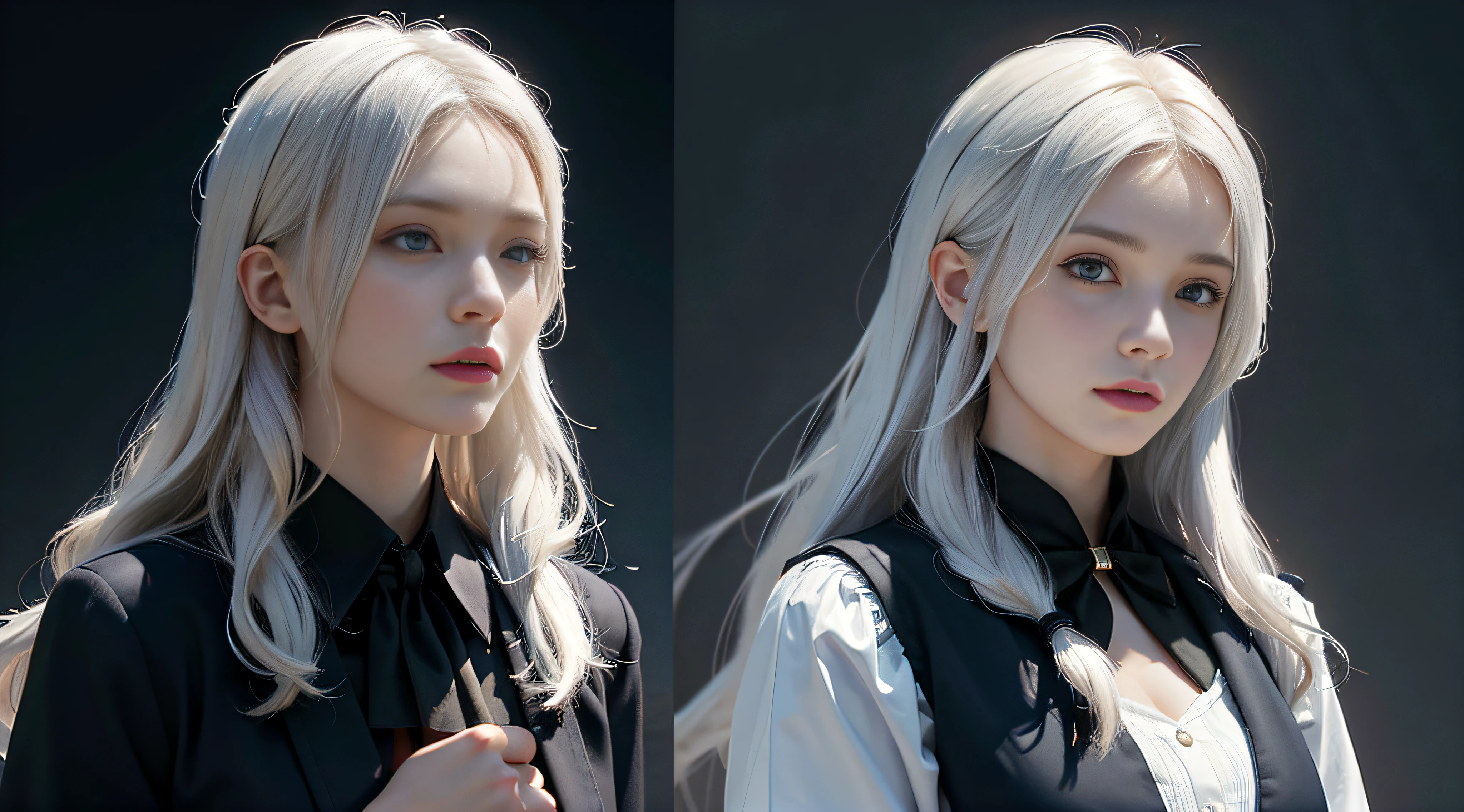 (In the Dark: 1.6), surreal female portrait by David Hockney and Alphonse Mucha, fantasy art, photorealism, dynamic lighting, artstation, poster, volumetric lighting, very detailed faces, 4k, Award Winning, 1girl, In Dark, Deep Shadow, Low Key, Cowboy Shot, (Stewardess Uniform: 1.4), Long Hair, White Hair, Bust, Terminal, Medium Boobs