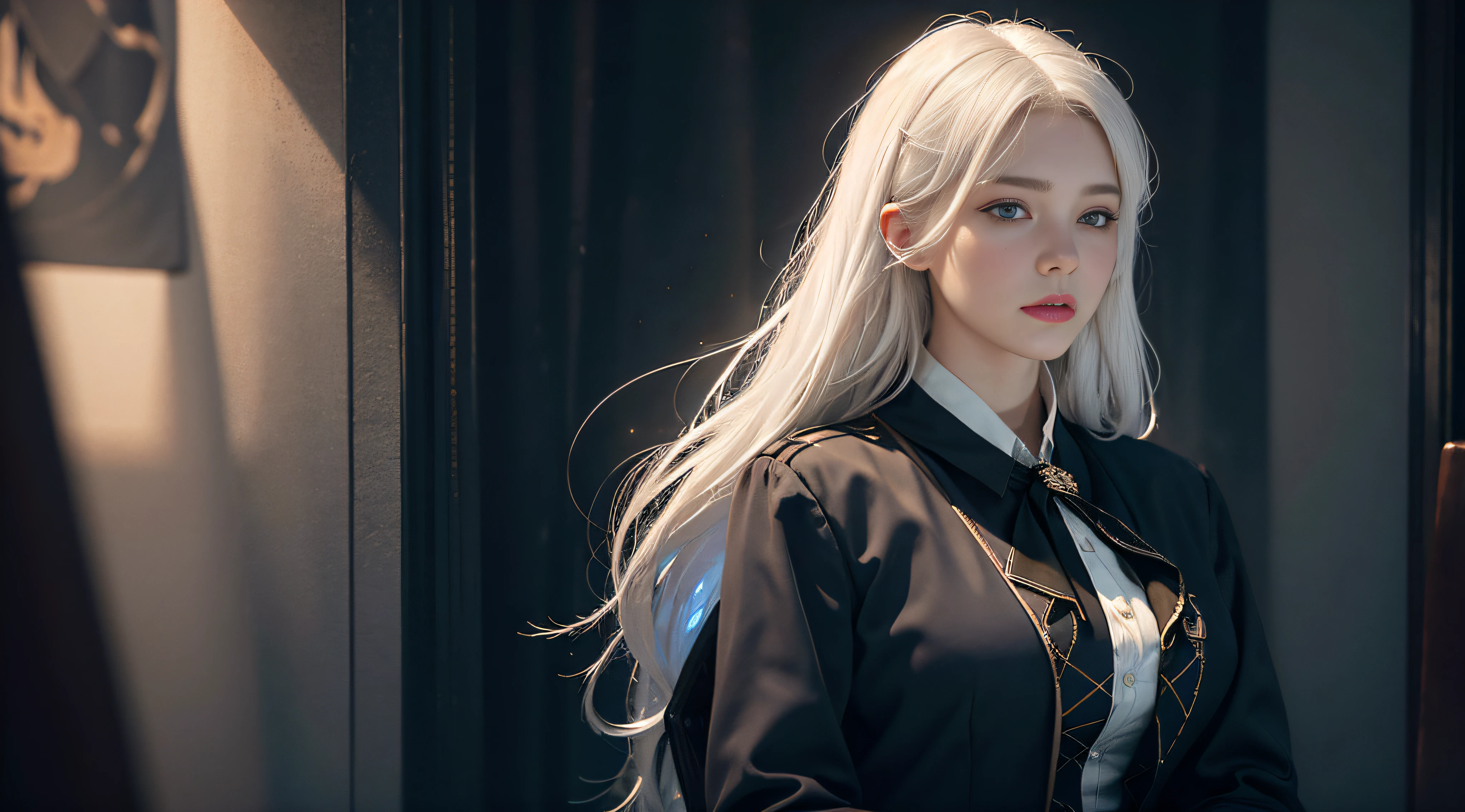 (In the Dark: 1.6), surreal female portrait by David Hockney and Alphonse Mucha, fantasy art, photorealism, dynamic lighting, artstation, poster, volumetric lighting, very detailed faces, 4k, Award Winning, 1girl, In Dark, Deep Shadow, Low Key, Cowboy Shot, (Stewardess Uniform: 1.4), Long Hair, White Hair, Bust, Terminal, Medium Boobs