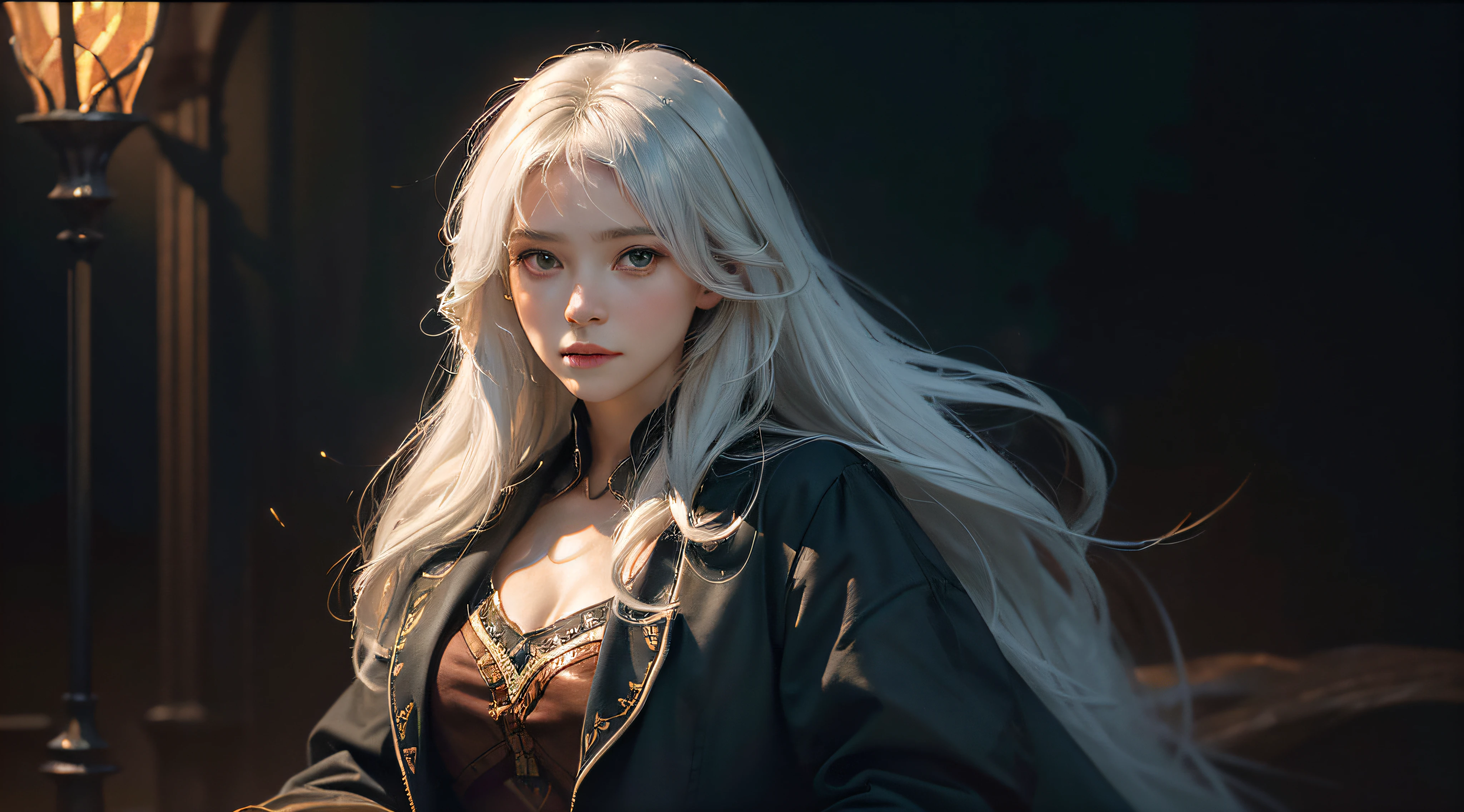 (front focus), (in the dark:1.6), Hyperrealist portrait of female by david hockney and alphonse mucha, fantasy art, photo realistic, dynamic lighting, artstation, poster, volumetric lighting, very detailed faces, 4 k, award winning, 1girl, in the dark, deep shadow, low key, cowboy shot, (official clothing:1.4), long hair, white hair