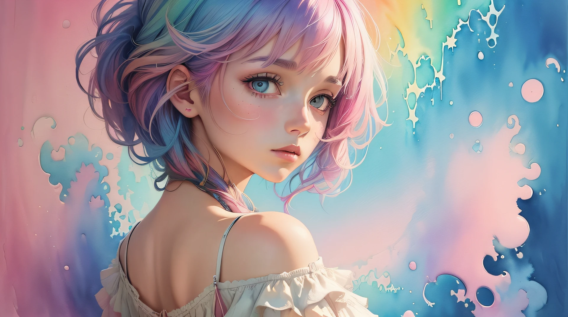 (masterpiece, top quality, best quality,watercolor (medium),official art, beautiful and aesthetic:1.2),(1girl:1.3), (fractal art:1.3),upper body, from front, looking at viewer,patterns,(rainbow color Hair,colorful hair,half light blue and half pink hair:1.2),water,liquid, cloud,colorful, starry,stars,