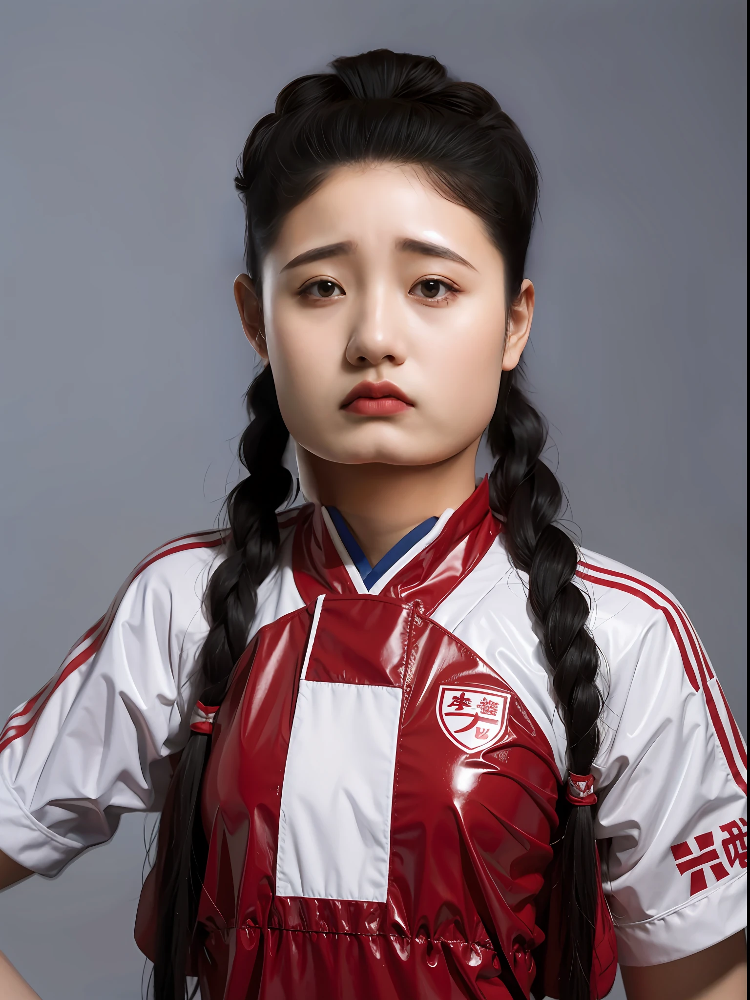 A Chinese female student,Wearing red and white PVC sportswear,There are hats,Twist braids。