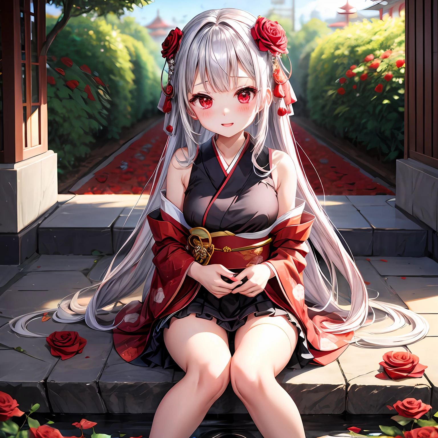 silber hair、red eyes、One girl、kawaii、animesque、Kimono、off shoulders、a miniskirt、red blush、Bright red rose garden、sitting on