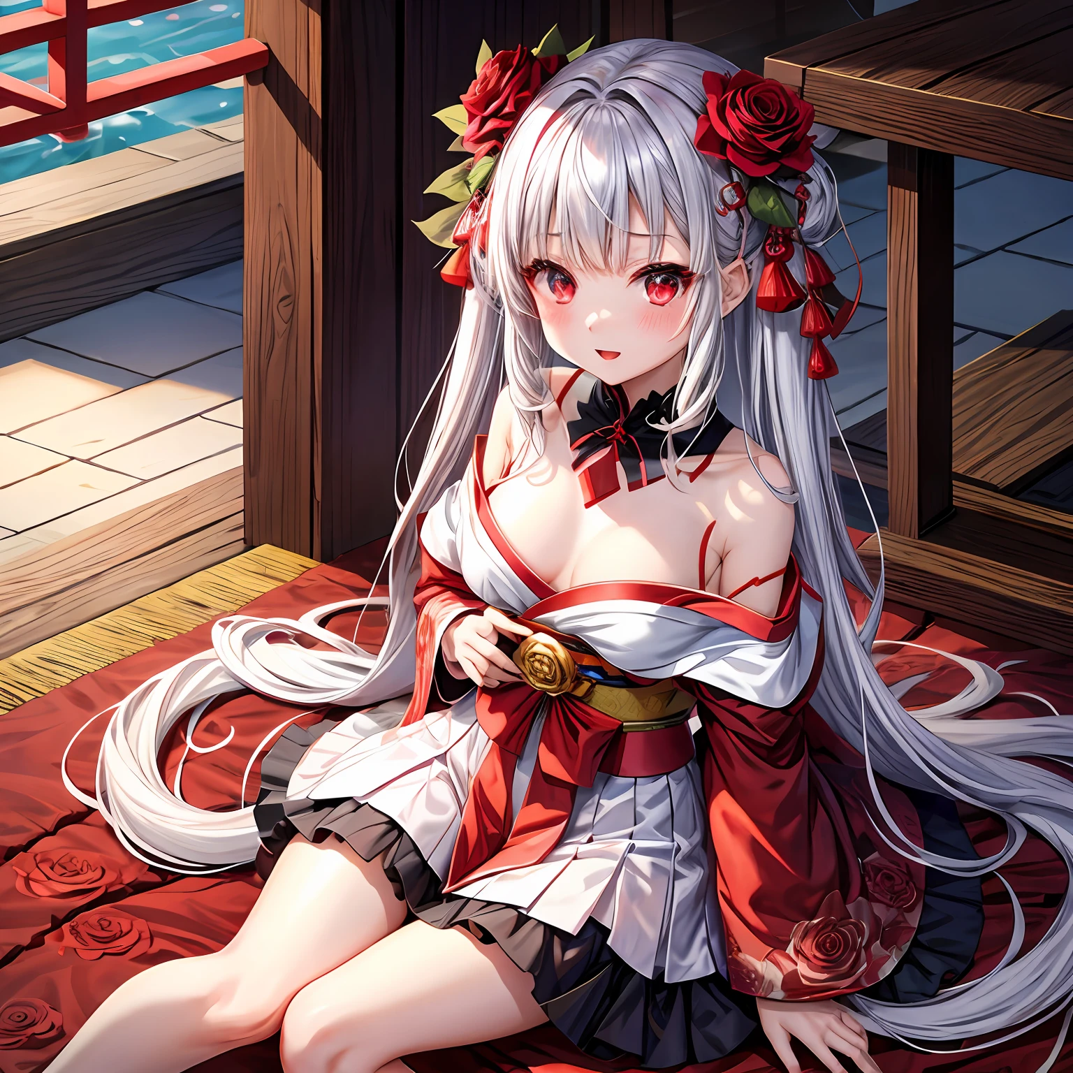 silber hair、red eyes、One girl、kawaii、animesque、Kimono、off shoulders、a miniskirt、red blush、Bright red rose garden、sitting on