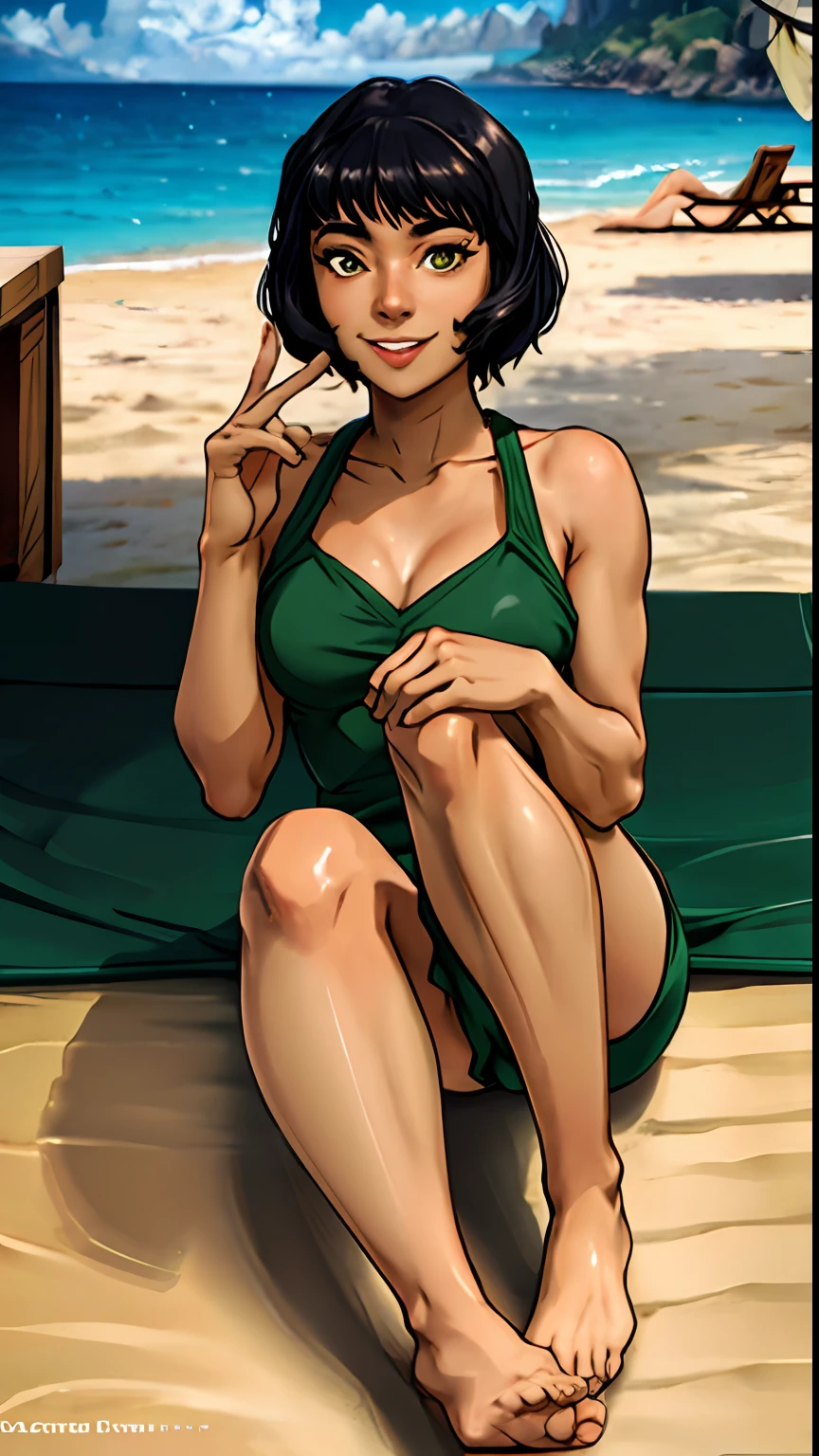 masterpiece, best quality, 1girl, OpalTLOK, green eyes, smile, sitting, feet up, soles, beach, ocean, sand,