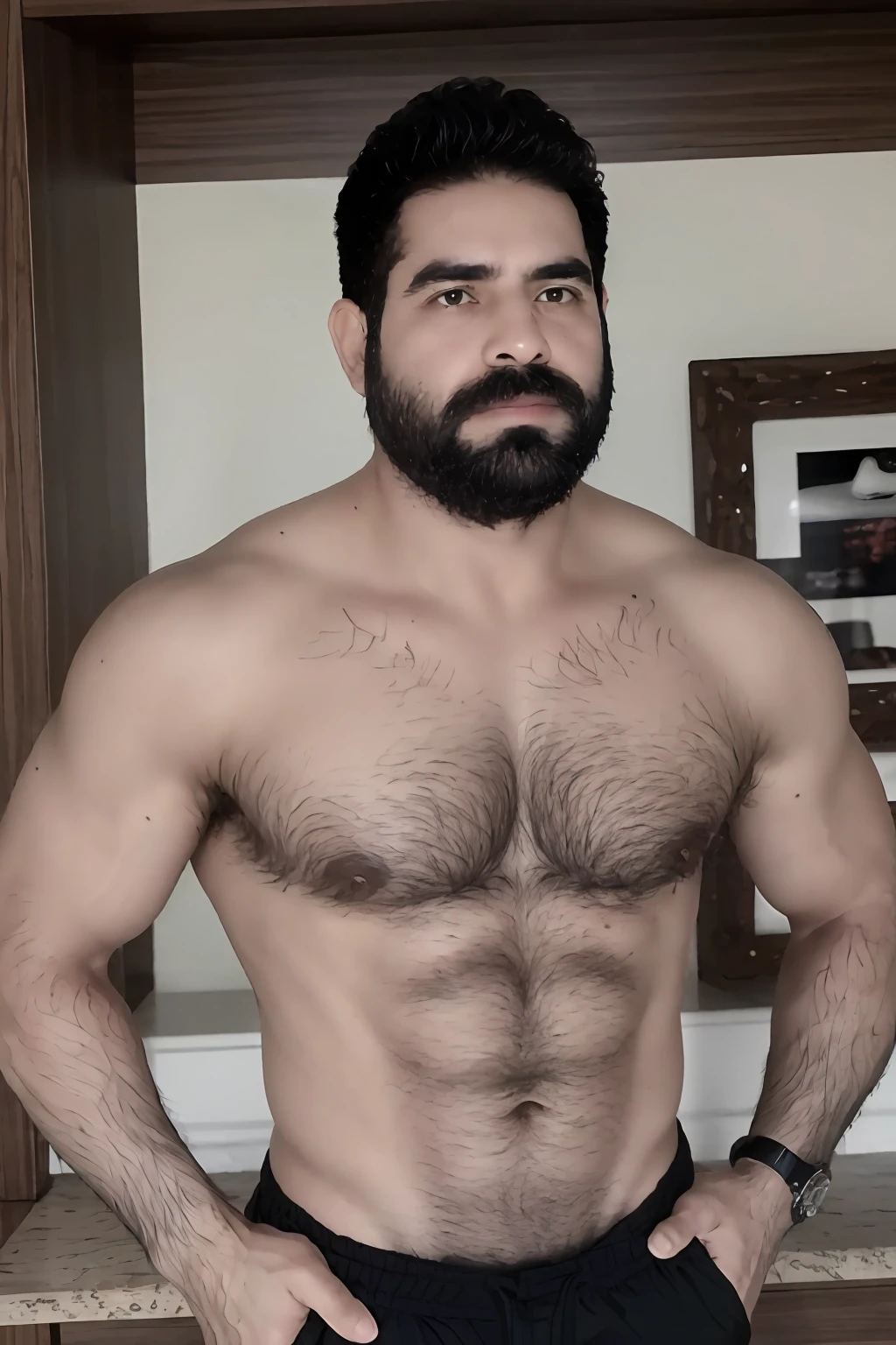 Obra maestra, La mejor calidad, Altas Resoluciones, absurdos, realista, agarrando su propio pectoral, 1child, solamente, pelo corto, Enfoque pectoral, sin vellos, sonrojarse, , cabello negro, Parte superior del cuerpo, muscular, Mirando al espectador