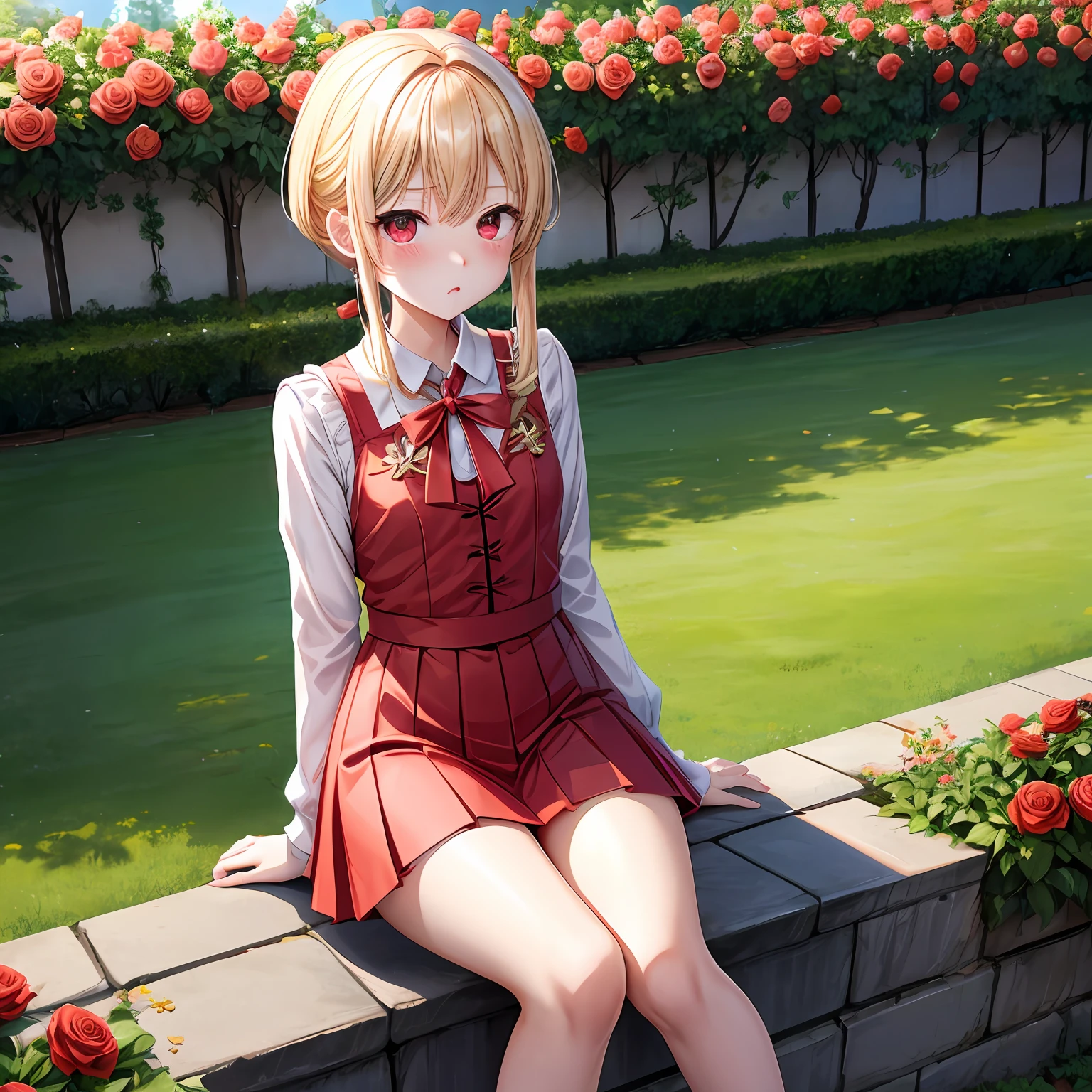 a blond、red eyes、one girls、独奏、kawaii、animesque、red blush、sitting on、rose garden、Very short miniskirt