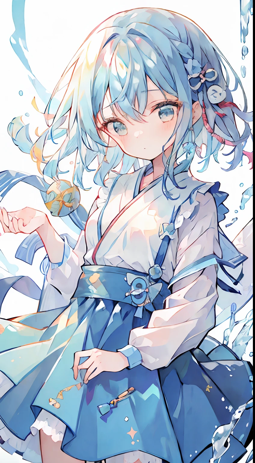 One girl、校服、lightblue hair、cute little、One knot、masterpiece、Top image quality、top-quality、pleatedskirt