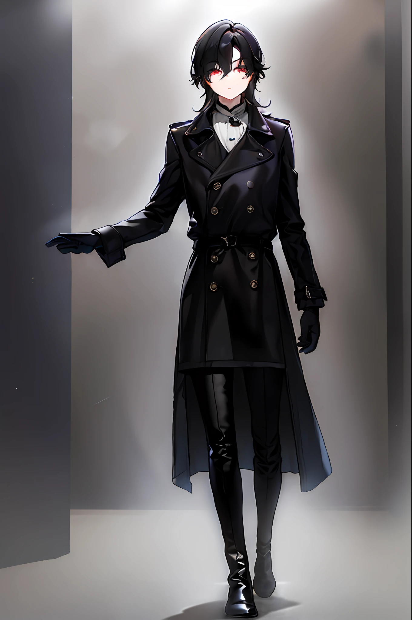 solamente ,Adolescente, masculino, cabello hasta la cintura, cabello negro, ojos rojos, cuerpo completo, botas negras,Gabardina oscura, Guantes blancos, Tono de piel claro