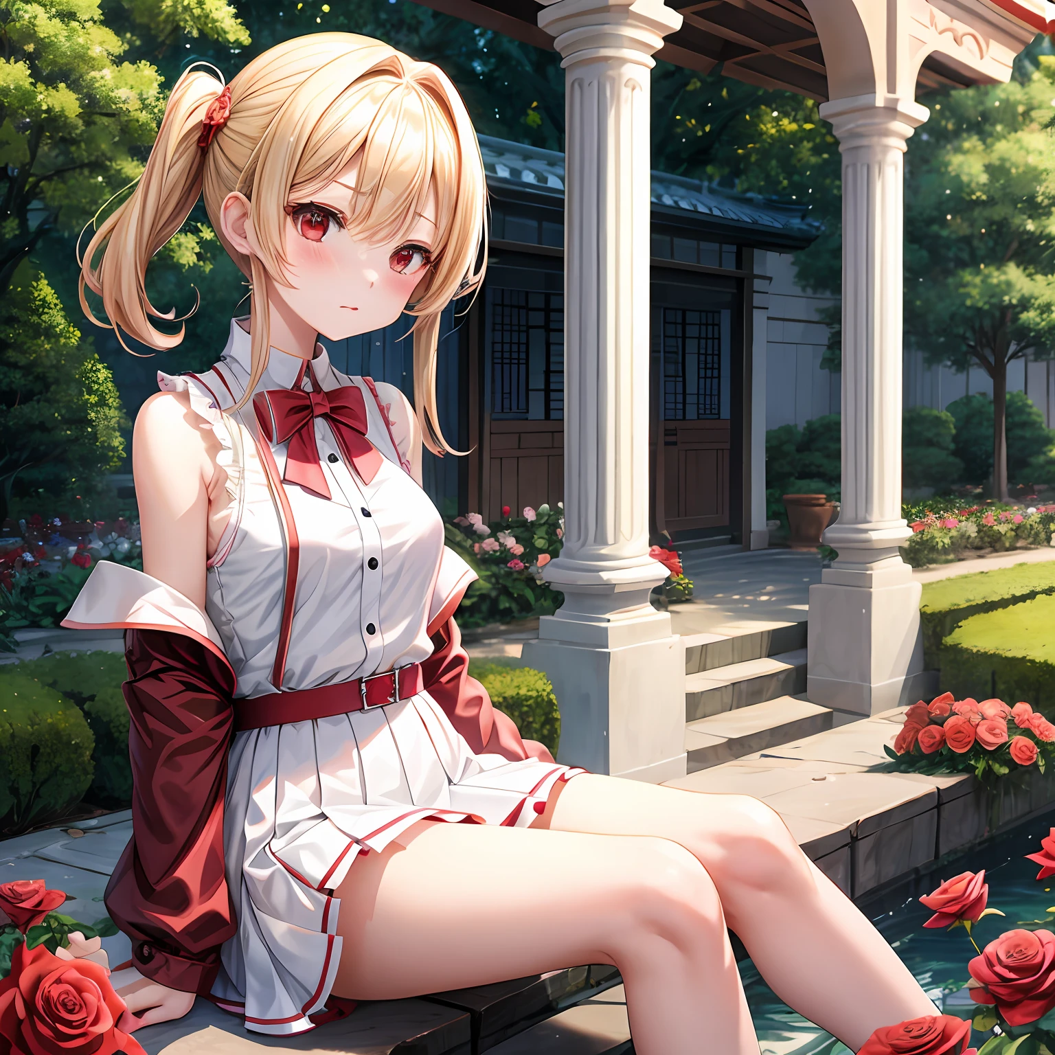 a blond、red eyes、one girls、独奏、kawaii、animesque、red blush、sitting on、rose garden、Very short miniskirt