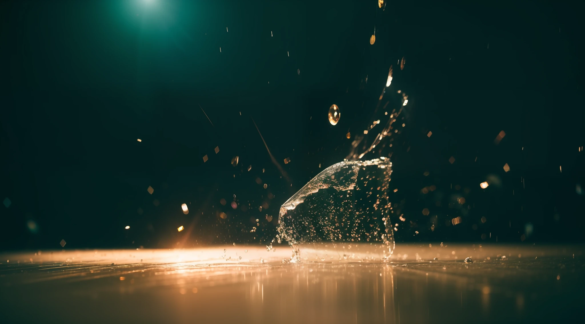 The moment when a glass of water overflows the floor, Shots from very close range, sony a7, Film grain, Cinematic lighting, Photorealistic, 32K, diffuse reflection, colorful shiny particles, Lens Flare, Soft lighting