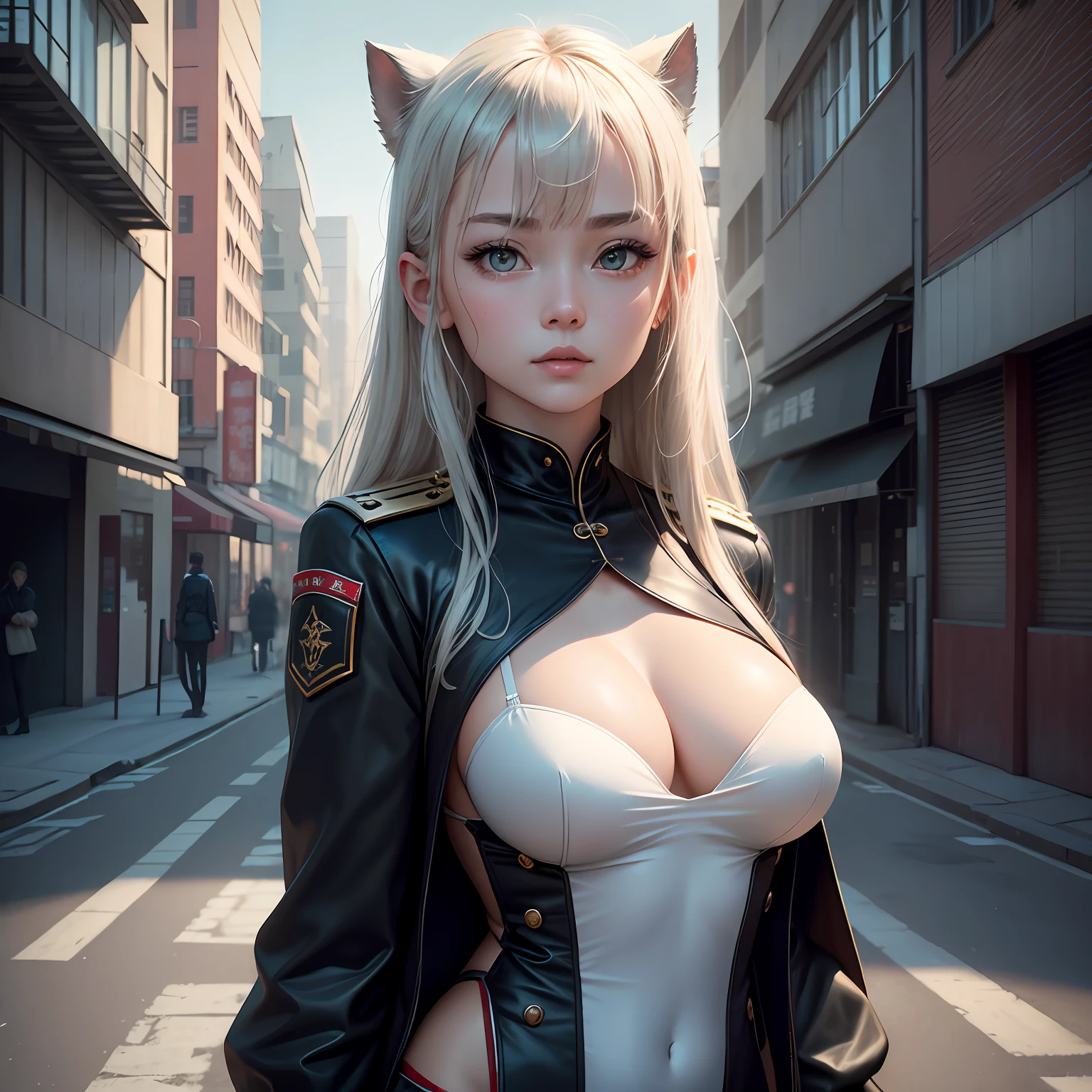 (1girl:1.3), 独奏, (((very vey very detailed face))),((very detailed eyes and faces))),beatiful detailed eyes,Body parts__,offcial art,Unified 8k wallpaper,ultra-detailliert,Beautiful and beautiful,big breasts beautiful,tmasterpiece,best qualtiy,primitive,tmasterpiece,ultra fine photos,best qualtiy,超高分辨率,photorealistic realism,rays of sunshine,full-body portraits,stunningly beautiful,,dynamicposes,delicated face,vibrant eyes,(from the front side), naval uniform,Red and black color scheme,navy,Very detailed city roof background, Roof,looking over city,详细的脸,detailed complex busy background,untidy,opulent,milkyW,highly detailedskin,Realistic details of skin,Visible pores,Clear focus,volume fog,8k uhd,digital SLR camera,high qulity,filmgrain,White skin of the,photo-realism,lomography,A huge metropolis of the dystopia of the future, semi transparent --auto