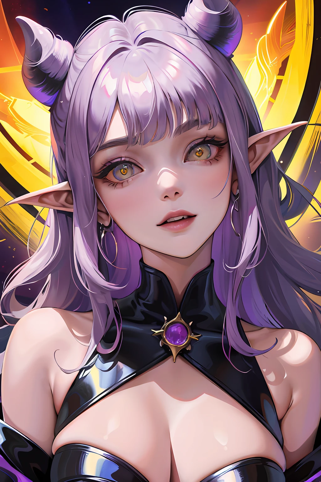 Catedral linda e iluminada, A Milf with long silver hair and purple locks with elf ears and black demonic horns, Yellow eyes of the demon, pupila vertical, (olhos incrivelmente detalhados), rosto maduro e adulto com um sorriso maligno para os espectadores, dentes de vampiro, corpo volumoso com seios e busto enormes, pale skinned, vestido de noiva, Catedral branca iluminada e linda, corpo volumoso com seios e busto enormes, Cabelo prateado com mechas roxas ,(yellow demonic eyes), olhos brilhantes, Moda realista, sysie high definition details, fotografia, perspicacity, unique 850 4, Koda850 k portrait camera, Primavera F1.6, cores ricas, Textura super realista, textura de luz espetacular, arte surreal, Cinestil 800 mecanismo de moda.