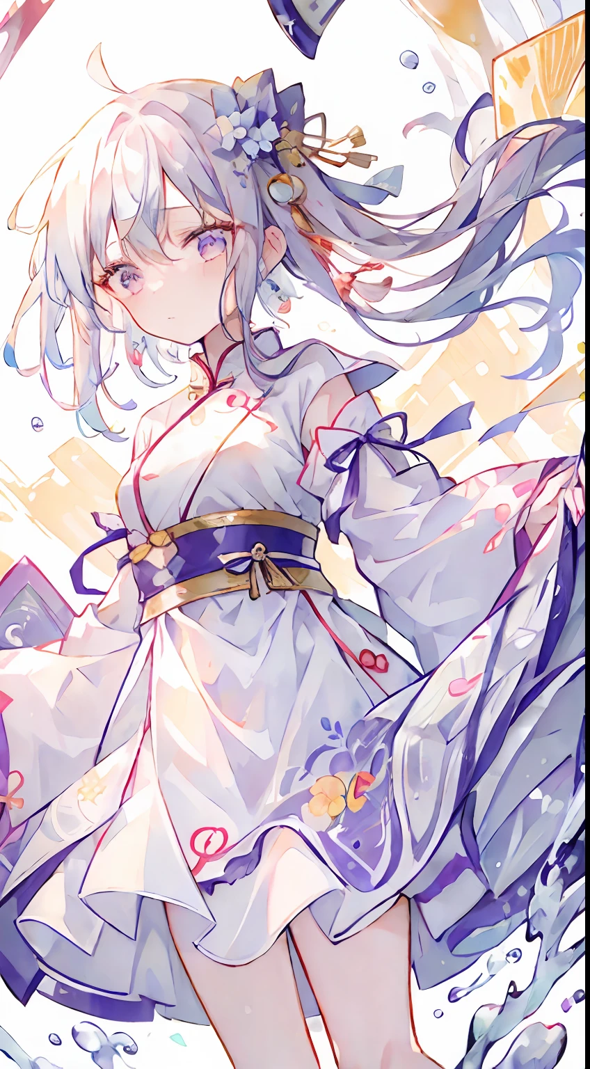 One girl、masterpiece、top-quality、Top image quality、cute little、white hair、chinese clothes、qipao dress、Chinese background、Purple eyes、
