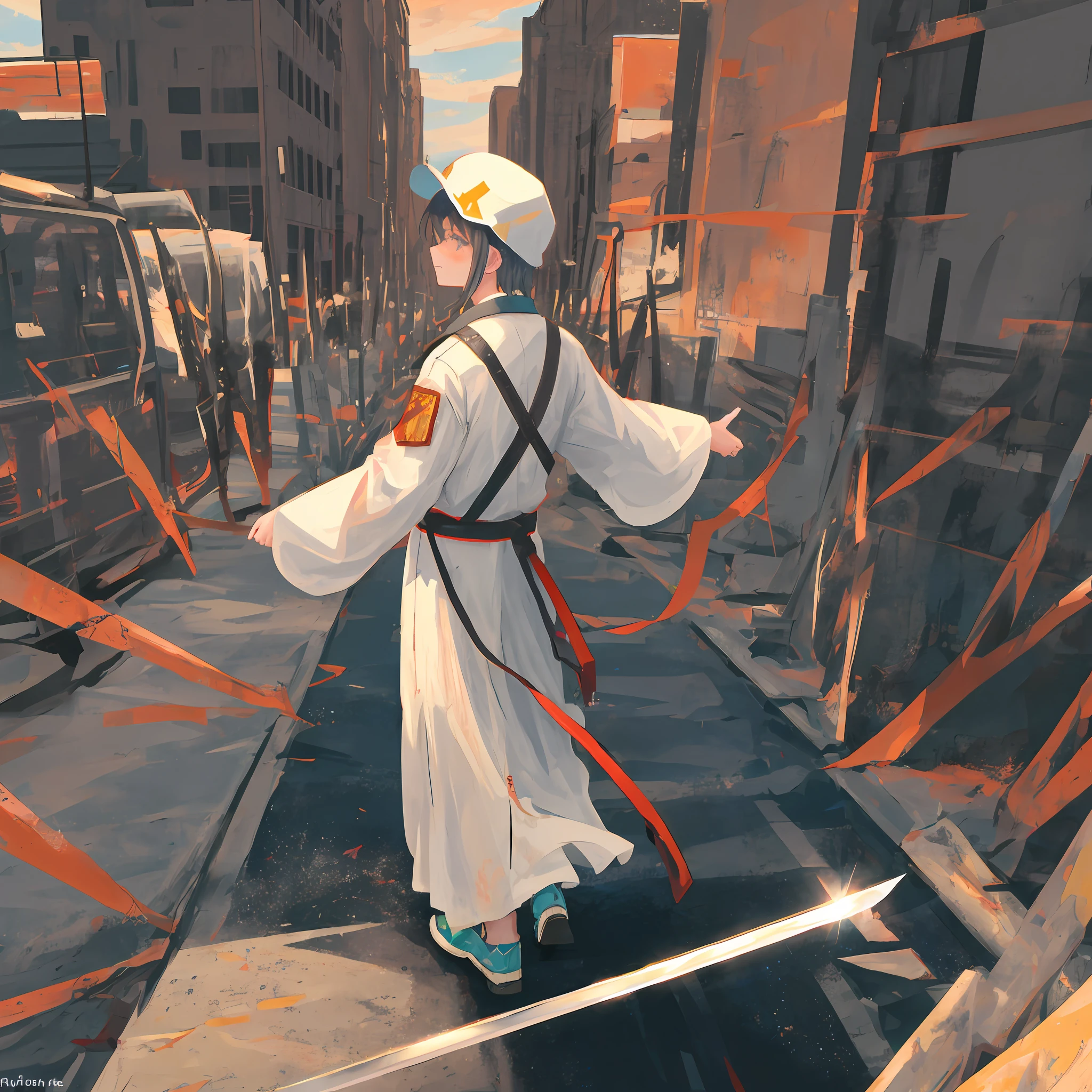 The sky and the earth are gray,In the nuclear explosion, the city was shattered little by little,A man in white costume held a long sword pointing straight ahead