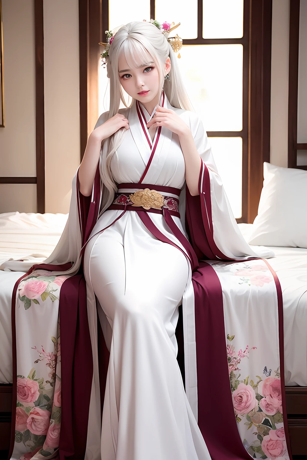 ulzzang -6500-v1.1,(Raw foto:1.2),((Photorealsitic:1.4))best qualtiy,masterpiece, illustratio, an extremely decision and beautiful, A highly detailed,nffsw,Unity,8k wallpaper, astonishing、finely detail, masterpiece, top-quality, Official art, Highly detailed ticker unification 8k wallpaper, Ridiculous, unbelievable Ridiculous, huge filesize, ultra-detailliert, hight resolution, ighly detailed, a beautiful detailed girl, extremely detailed eye and face, beatiful detailed eyes, Light on the Face、电影灯光、((Gorgeous Sexy Hanfu))、1girl in、full body Esbian、fully body photo、see -through、looking at viewert、((white hair))、Colossal tits、lyin in bed、full body Esbian