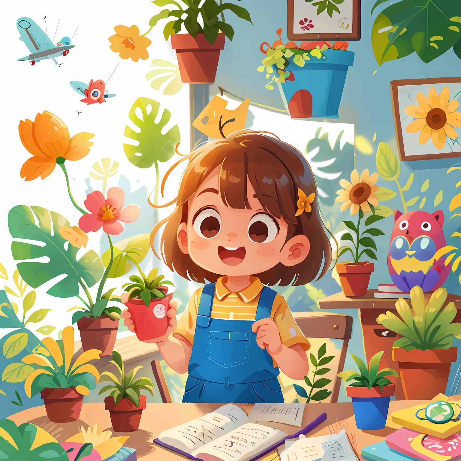 Cute girl holding plant,In the glass room,Planting plane vector, naive, handpainted, cheerful colors (Clutter - home:0.8), (tmasterpiece:1.2) (realisticlying:1.2) (Bokeh) (best qualtiy) (detailedskin:1.3) (complexdetails) (8K) (detailedeyes) (Sharp focus),(having fun)