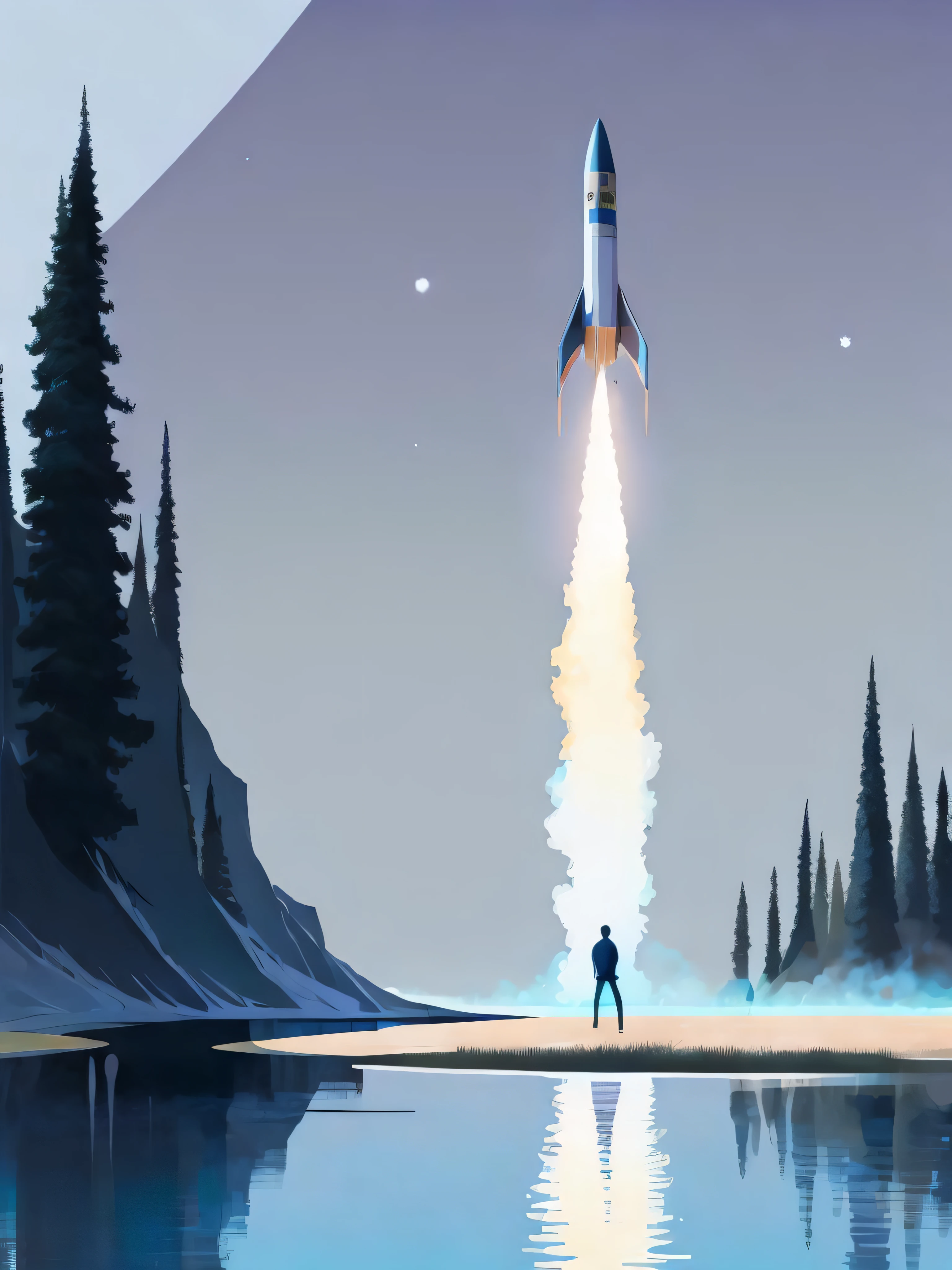 a painting of a person standing in front of a lake with a rocket coming out of it by Christopher Balaskas