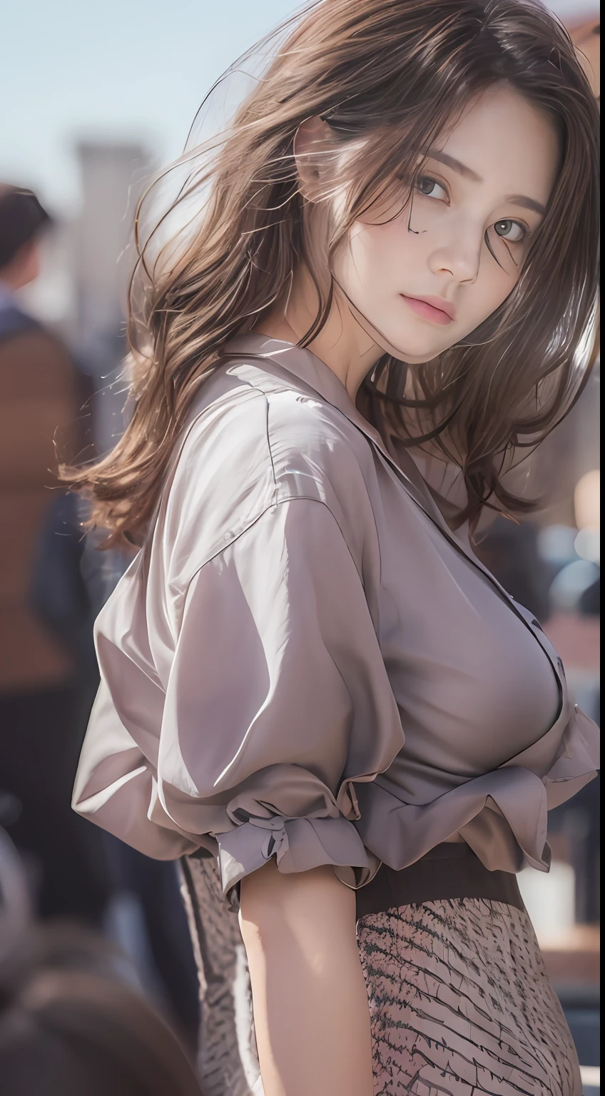 ((Best quality, 8k, Masterpiece :1.3)), Sharp focus :1.2, A pretty woman with perfect figure :1.4, Slender abs :1.2, ((Dark brown hair,  :1.2)), (White button up long shirt :1.1), City street:1.2, Highly detailed face and skin texture, Detailed eyes, Double eyelid