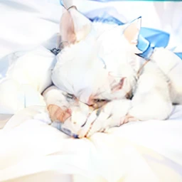 White wolf,8 year old boy,Wolf boy,1boys,White wolf ears,fur(Delicate and soft),Good looking light,Lying on a light blue sheet,(Blue quilt covered with white stars),Holding a cell phone in your hand,light blue eyes,Rub your eyes,hyper cute face。A teenager the size of a wolf,tmasterpiece,Super meticulous,Very meticulous fur。hairy chest。