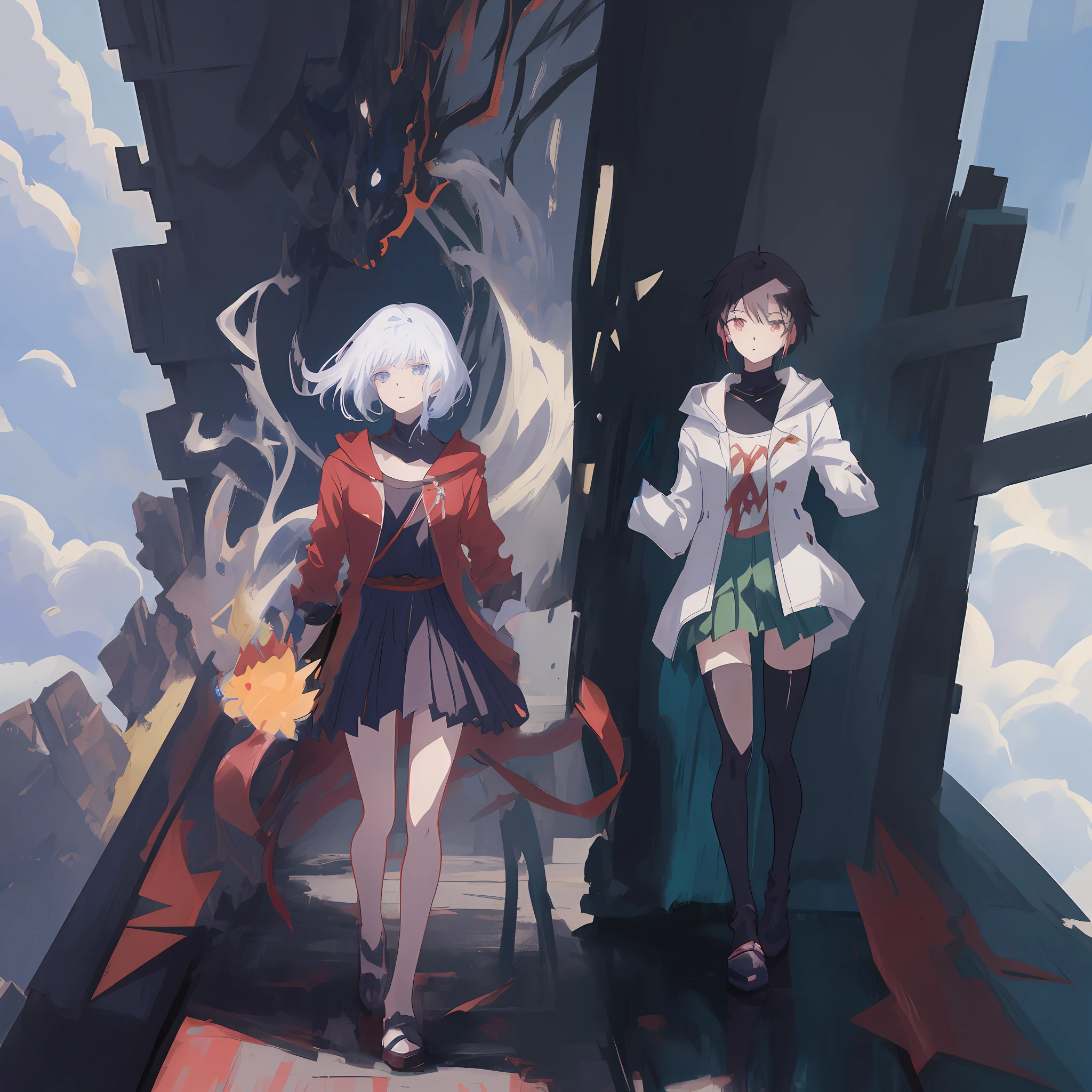 Anime characters in front of a giant building with a sky background, estilo anime 4K, Artgerm e Atey Ghailan, Arte Zerochan, Anime Art Wallpaper 8K, Epic anime style, anime fantasy illustration, anime em estilo fantasia, Krenz Cushart e Wenjun Lin, arte digital estilo anime, Anime Art Wallpaper 4K